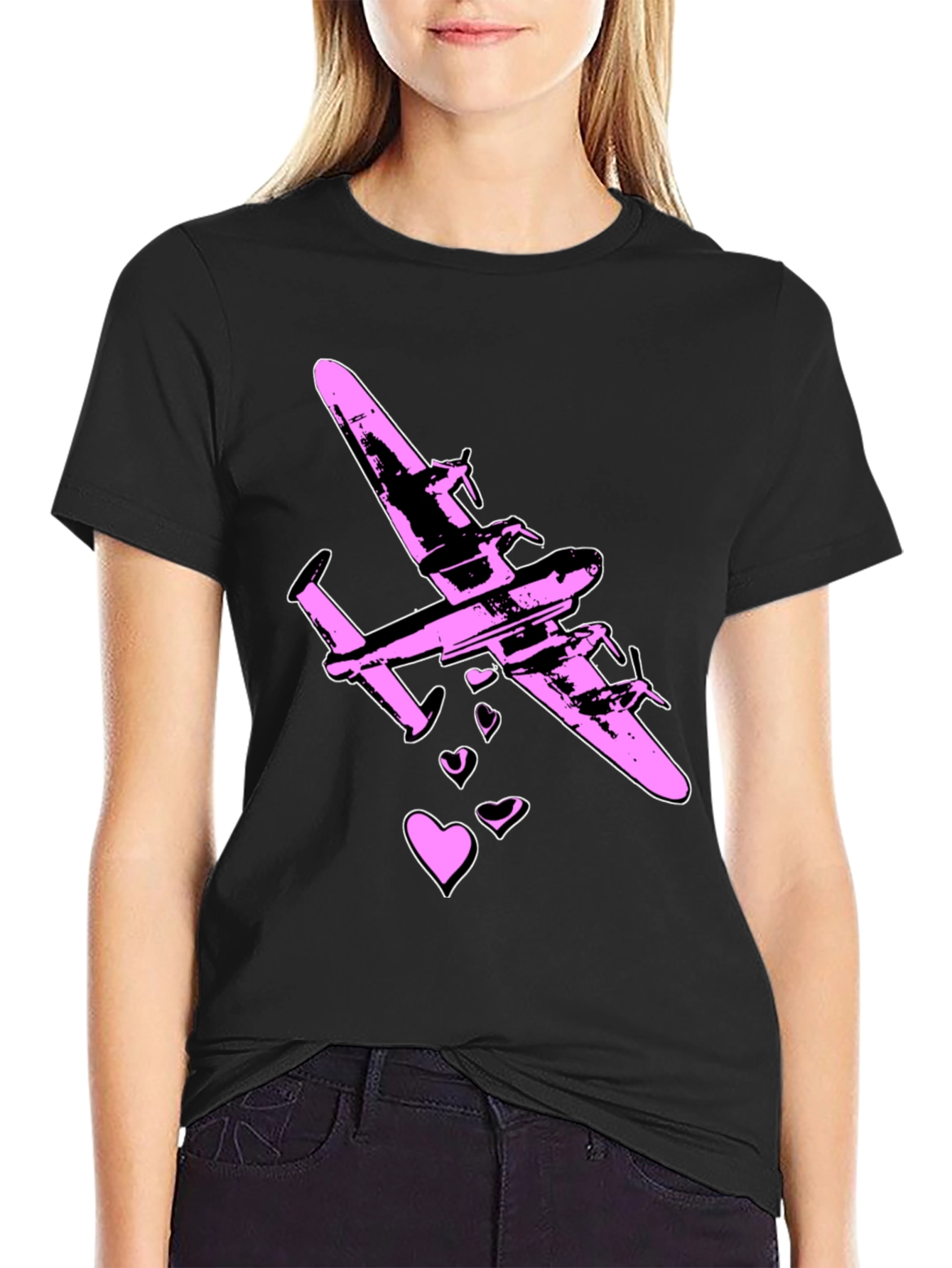 Pink Airplane Hearts Graphic Black T-Shirt