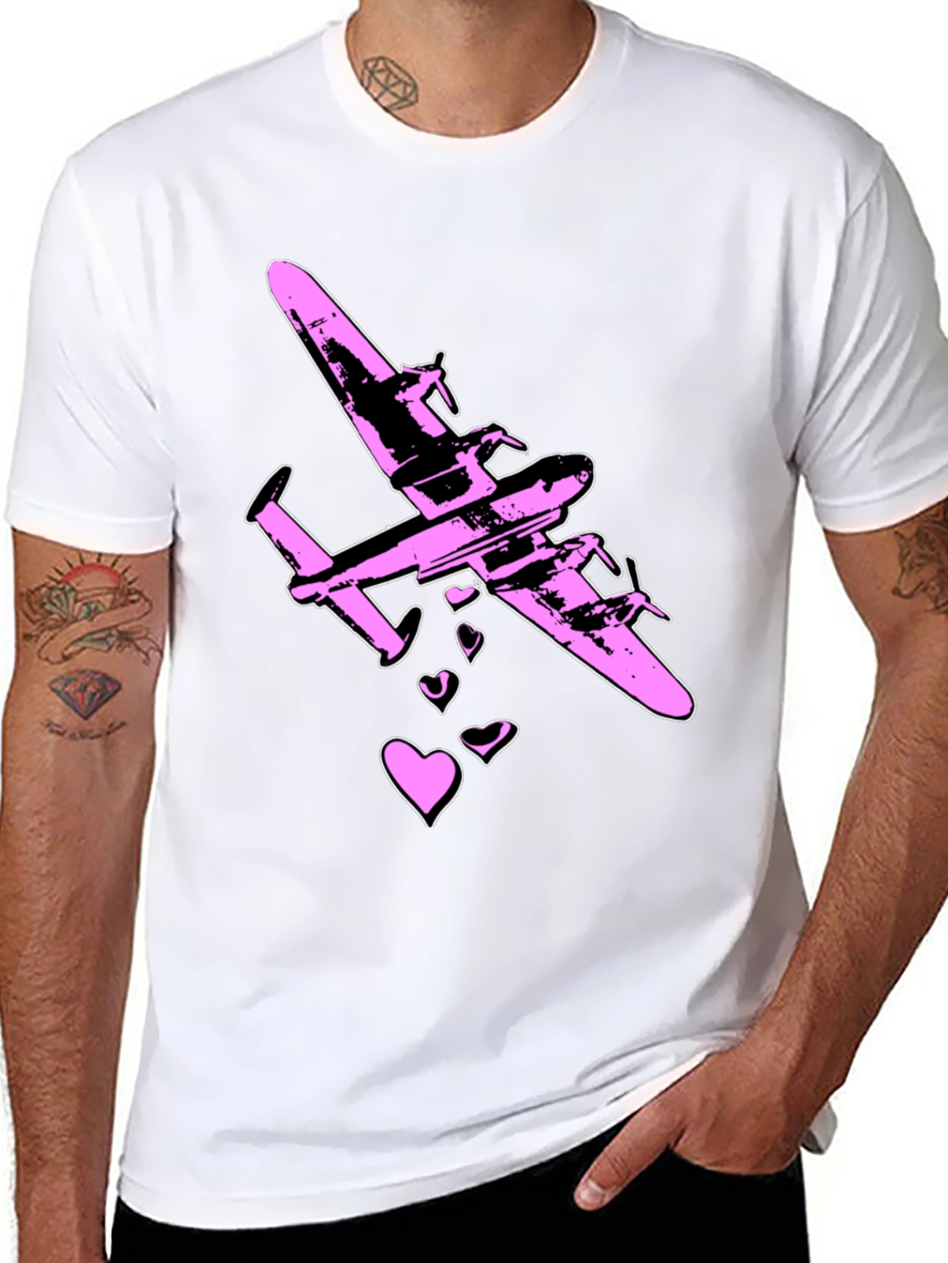 Pink Airplane Hearts Graphic Black T-Shirt