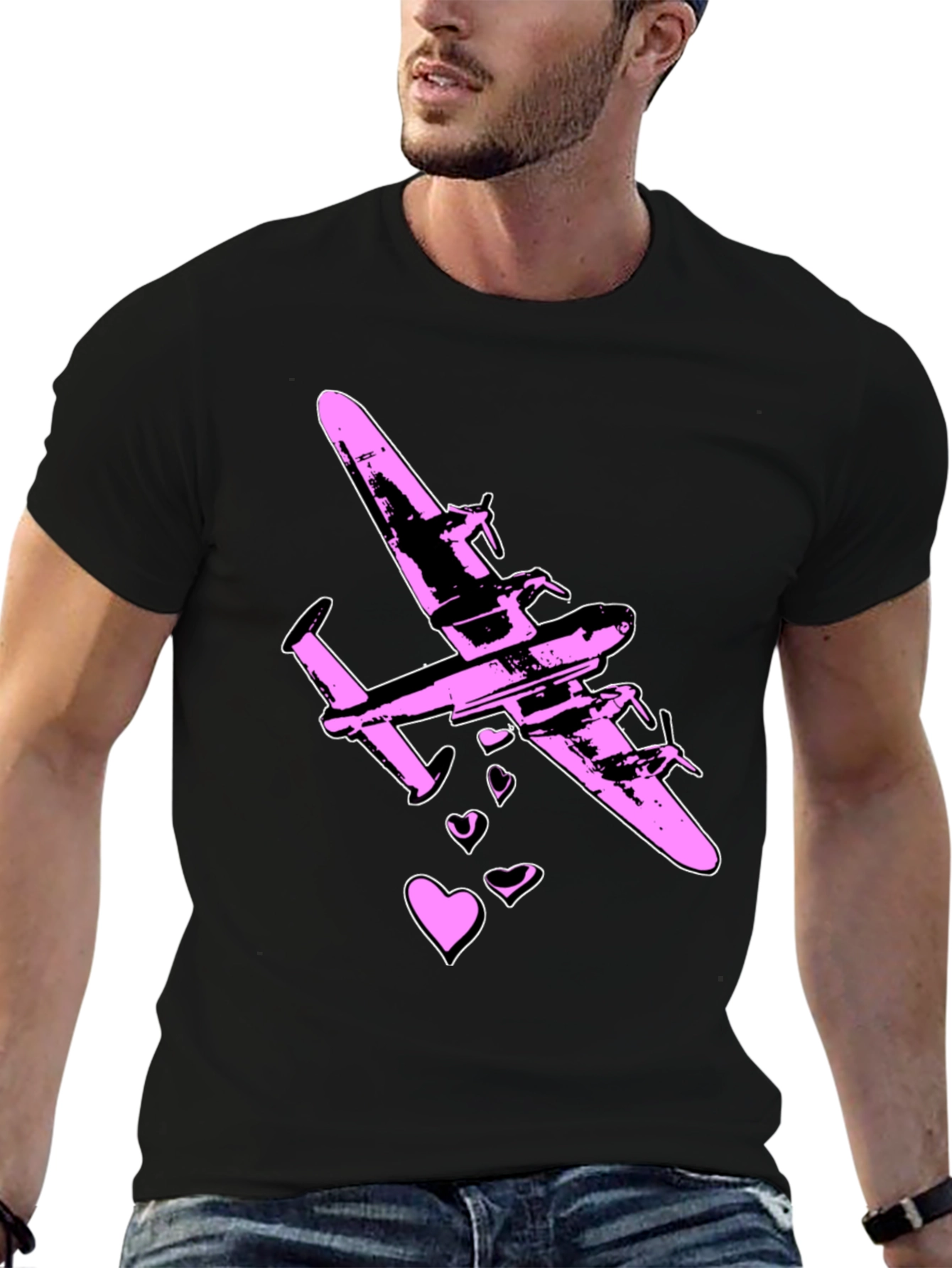 Pink Airplane Hearts Graphic Black T-Shirt