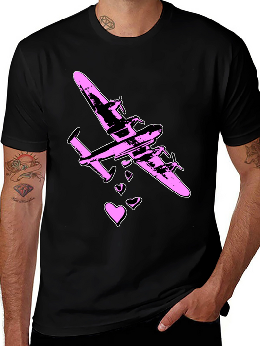 Pink Airplane Hearts Graphic Black T-Shirt