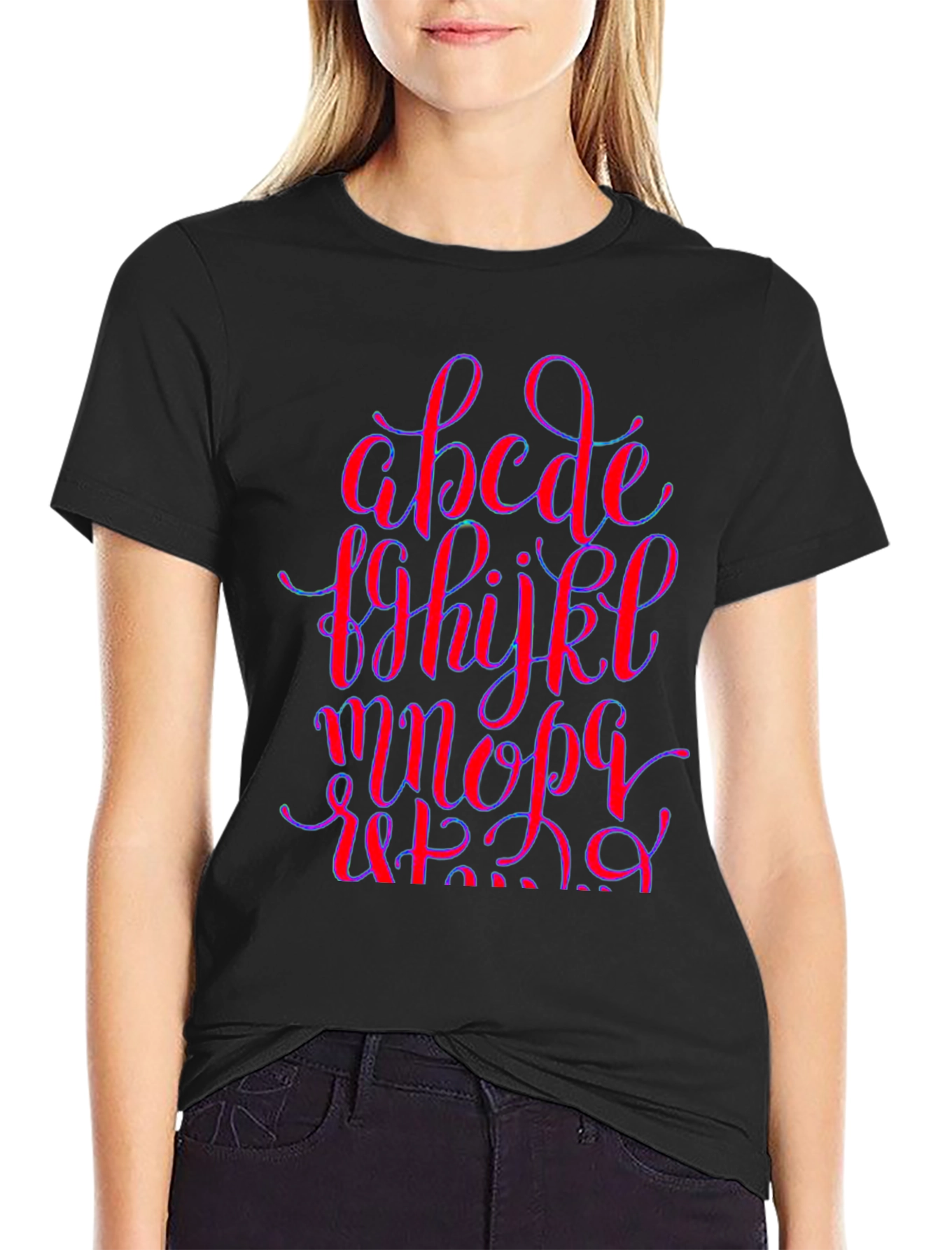 Alphabet Graphic Print Black Crew Neck T-Shirt