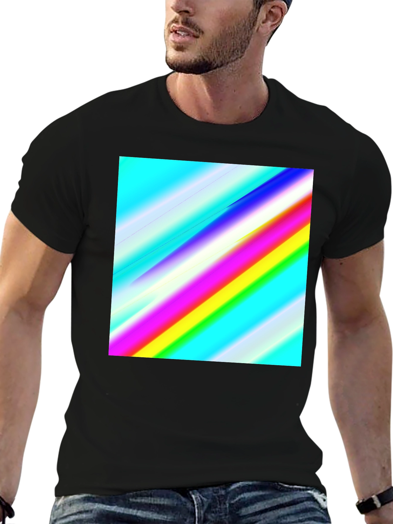 Rainbow Stripe Graphic Tee - Mens Casual Black T-Shirt