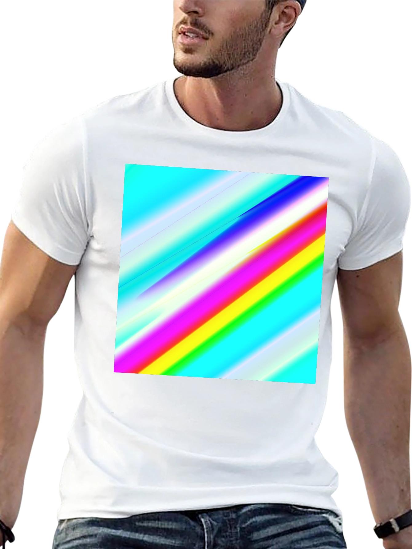 Rainbow Stripe Graphic Tee - Mens Casual Black T-Shirt