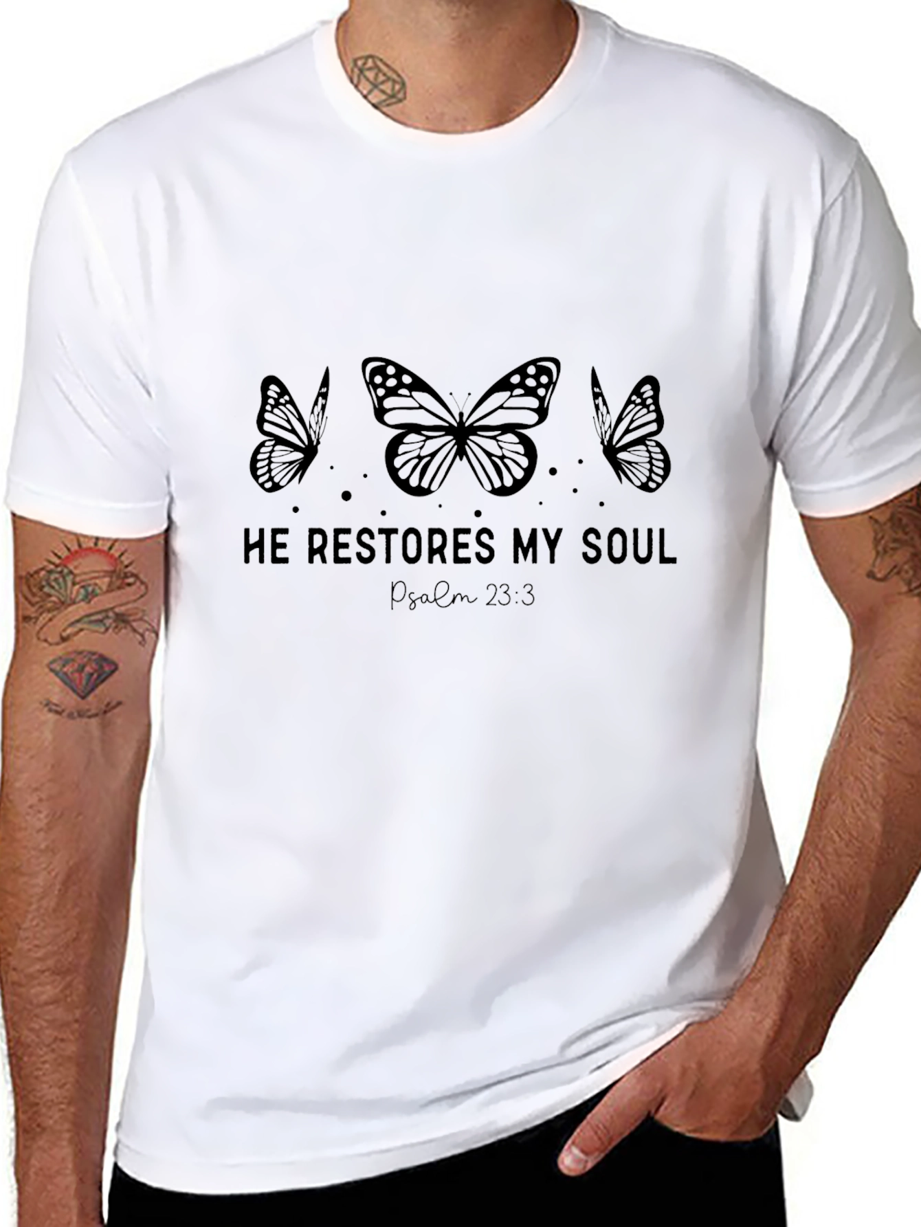 He Restores My Soul Black Butterfly T-Shirt