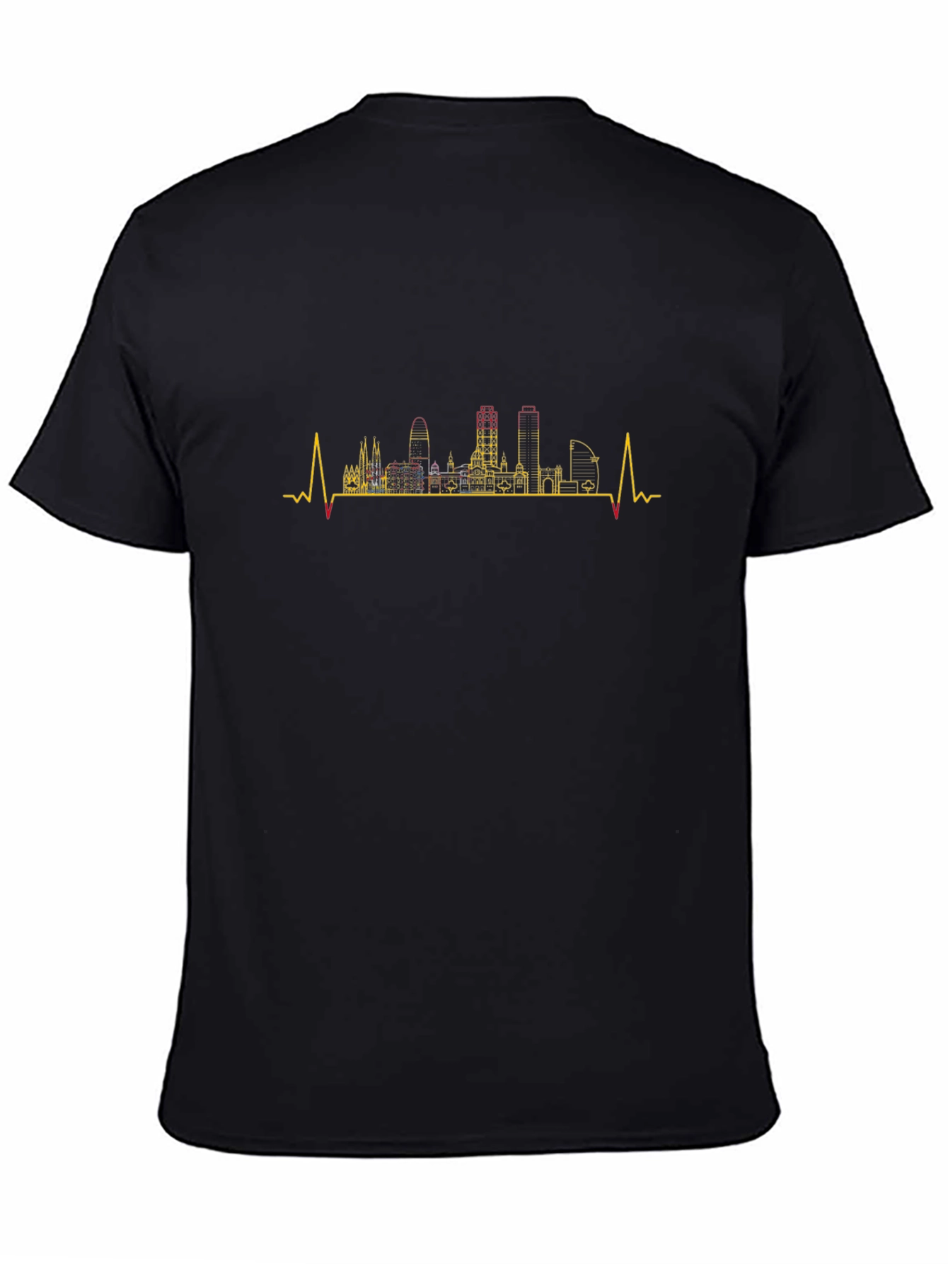 Barcelona Skyline Heartbeat Mens Black T-Shirt