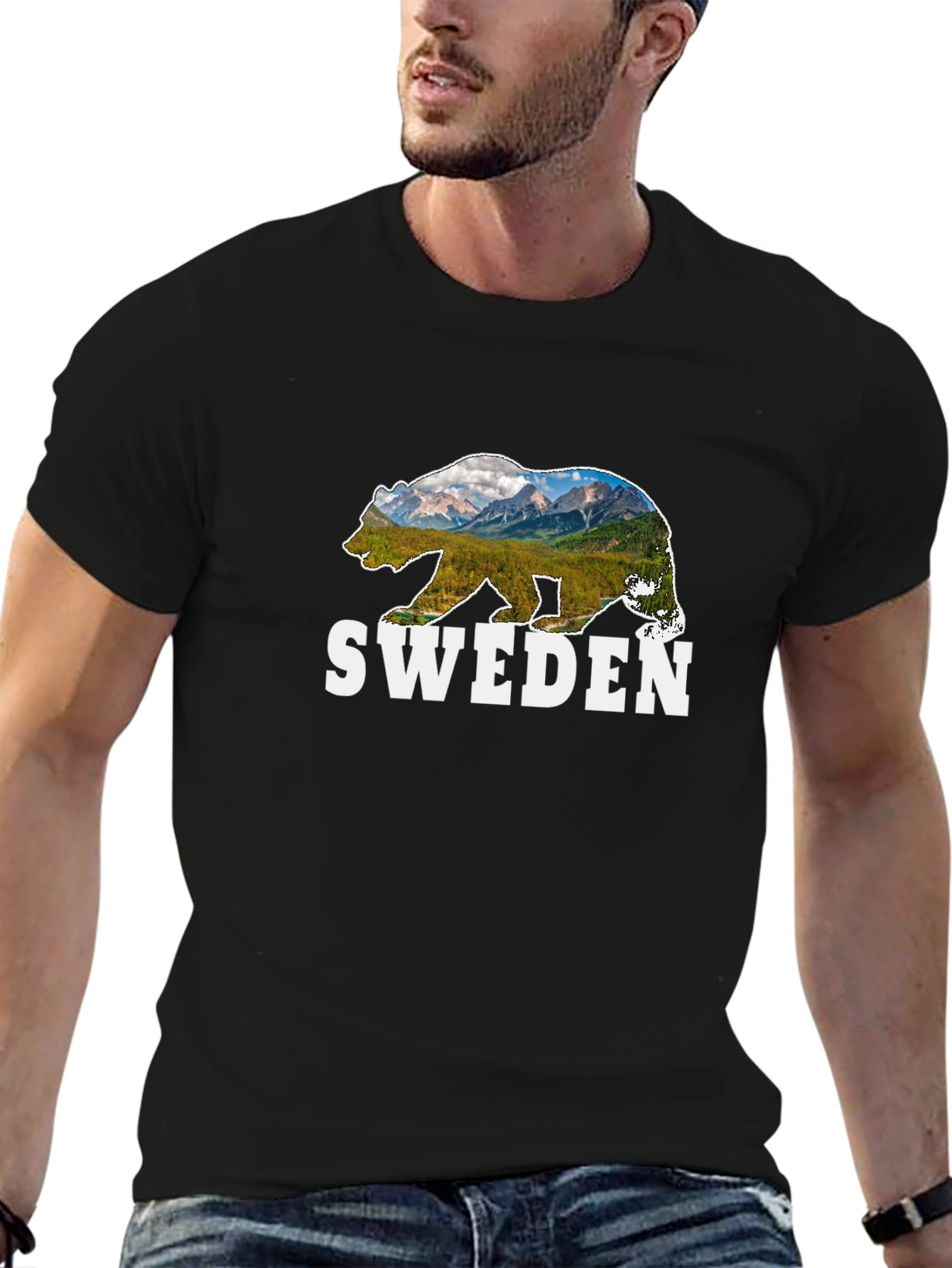 Sweden Bear Graphic T-Shirt - Mountain Landscape