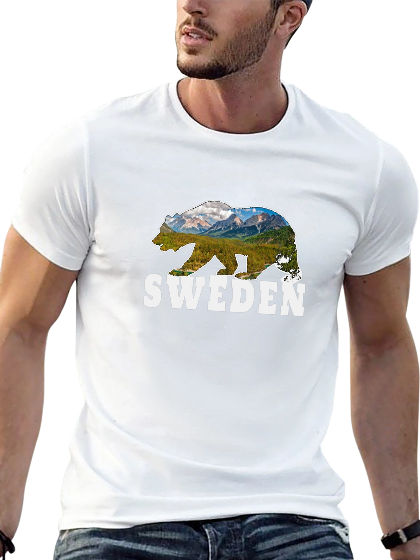 Sweden Bear Graphic T-Shirt - Mountain Landscape