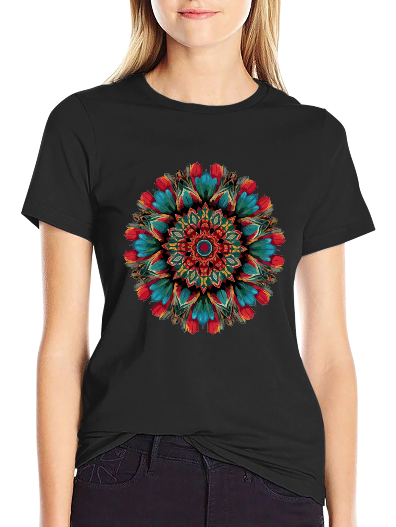 Vibrant Mandala Graphic Print Black T-Shirt