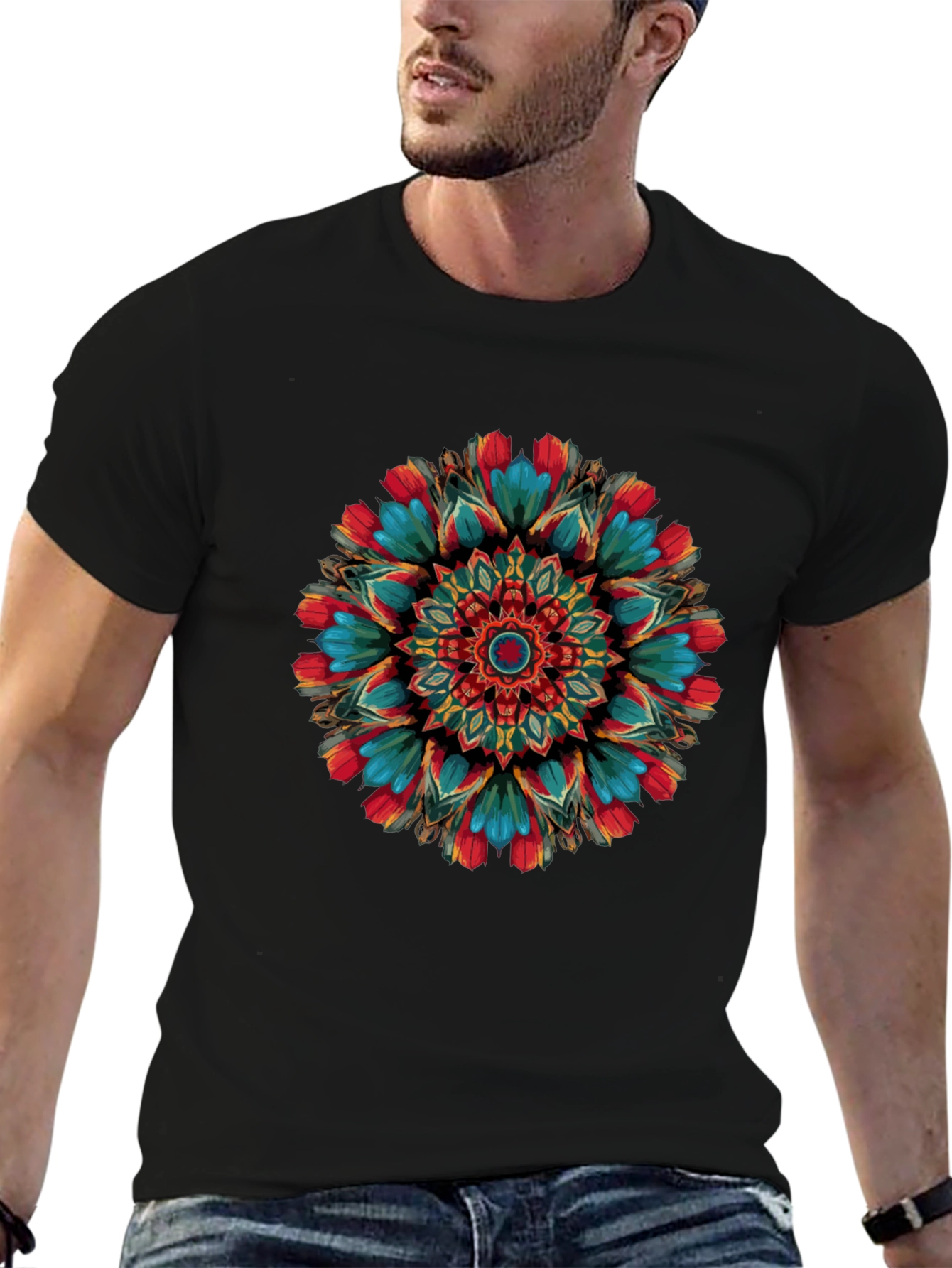 Vibrant Mandala Graphic Print Black T-Shirt