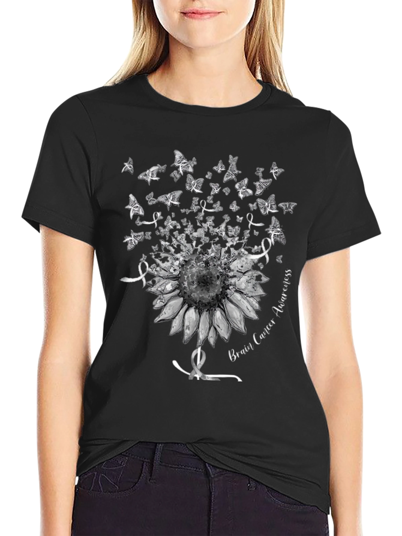 Brain Cancer Awareness Sunflower Butterfly T-Shirt