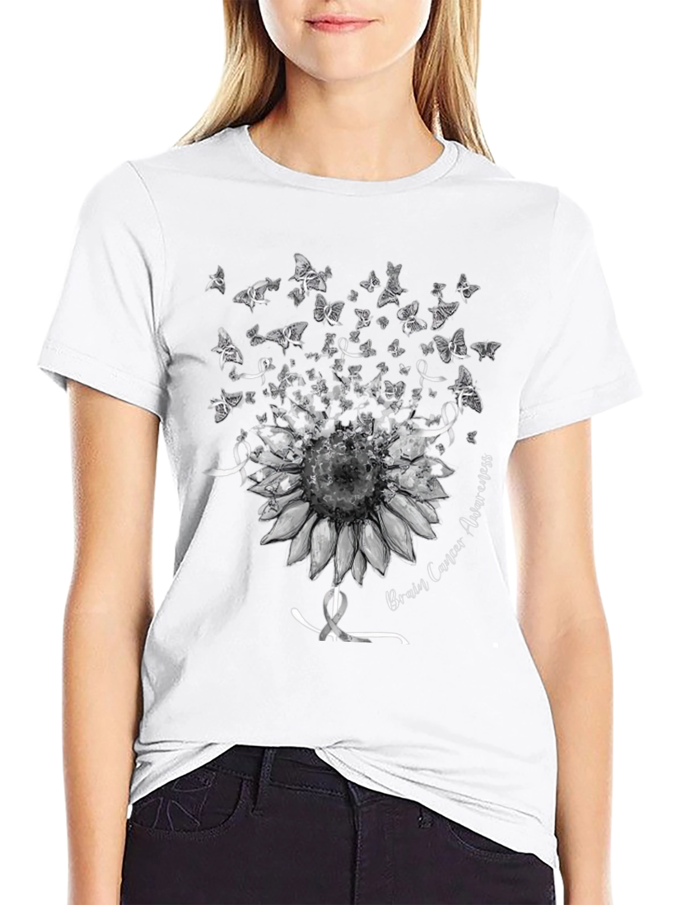 Brain Cancer Awareness Sunflower Butterfly T-Shirt