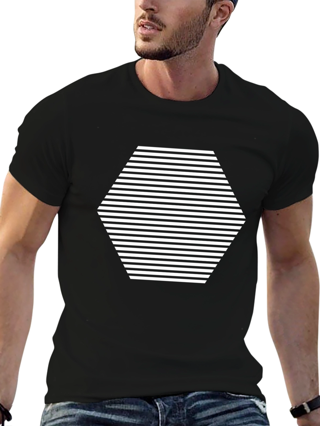Abstract Hexagon Stripe Graphic Tee - Black