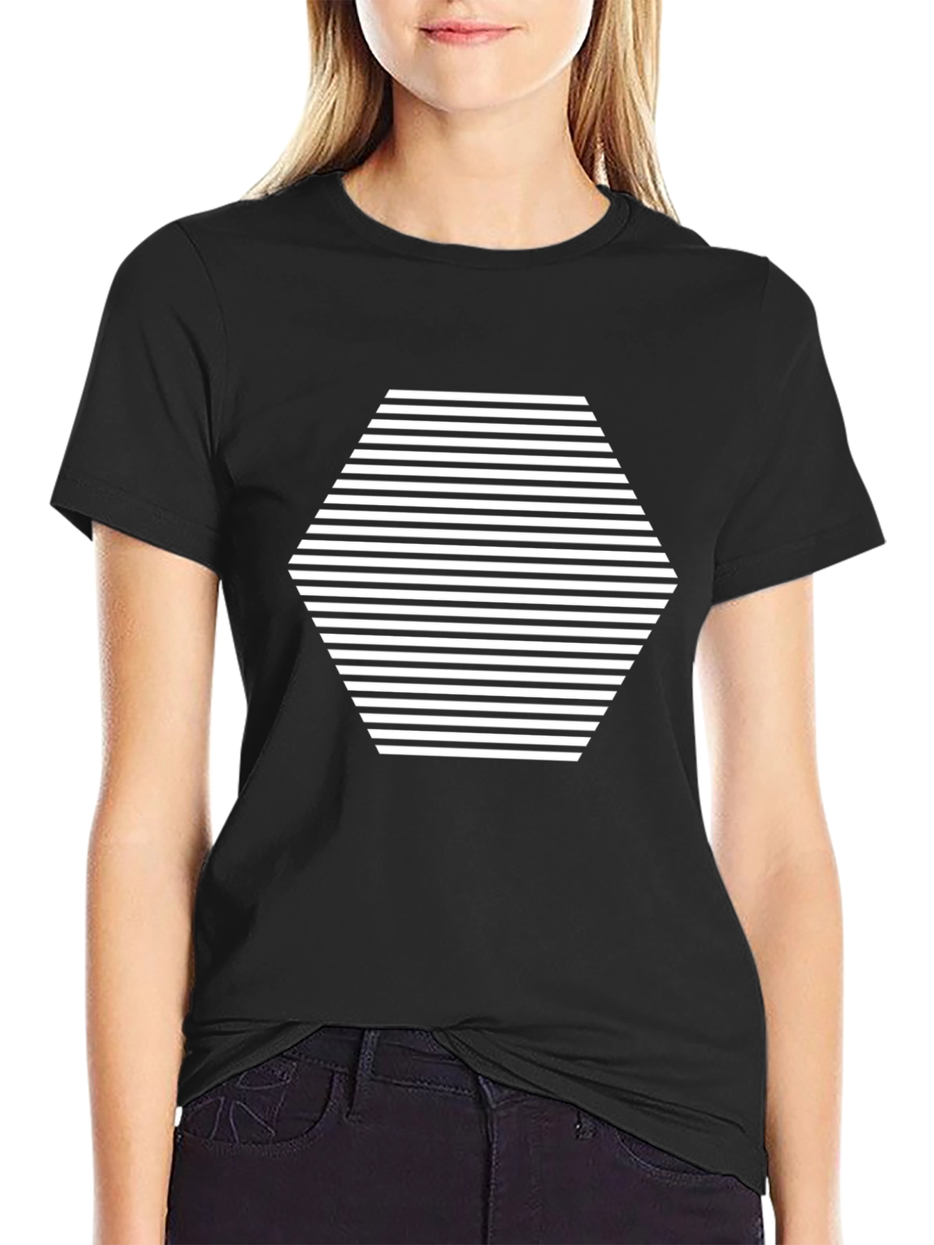 Abstract Hexagon Stripe Graphic Tee - Black