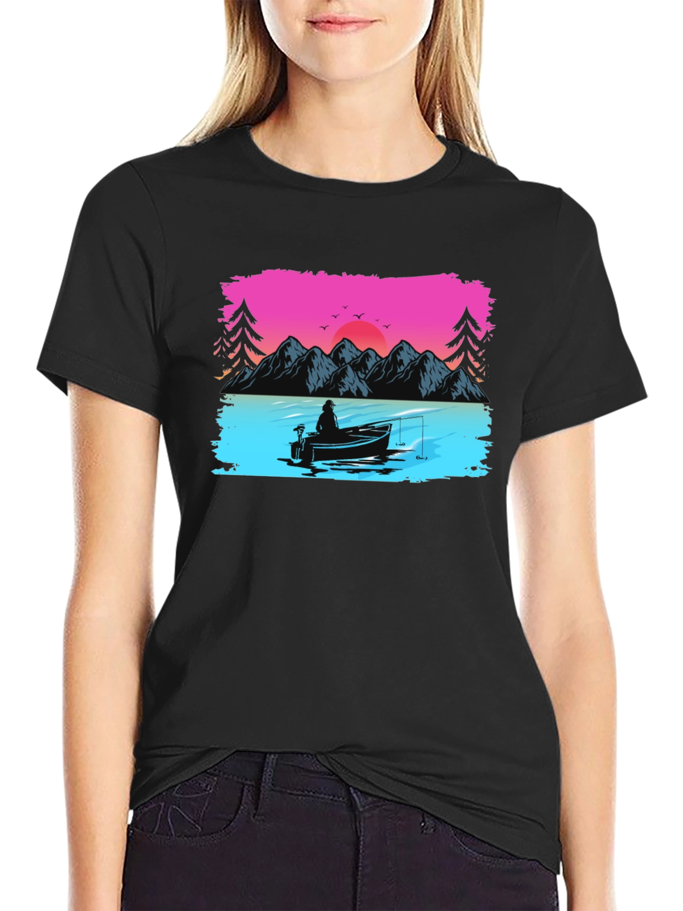 Fishing Sunset Graphic Tee - Black