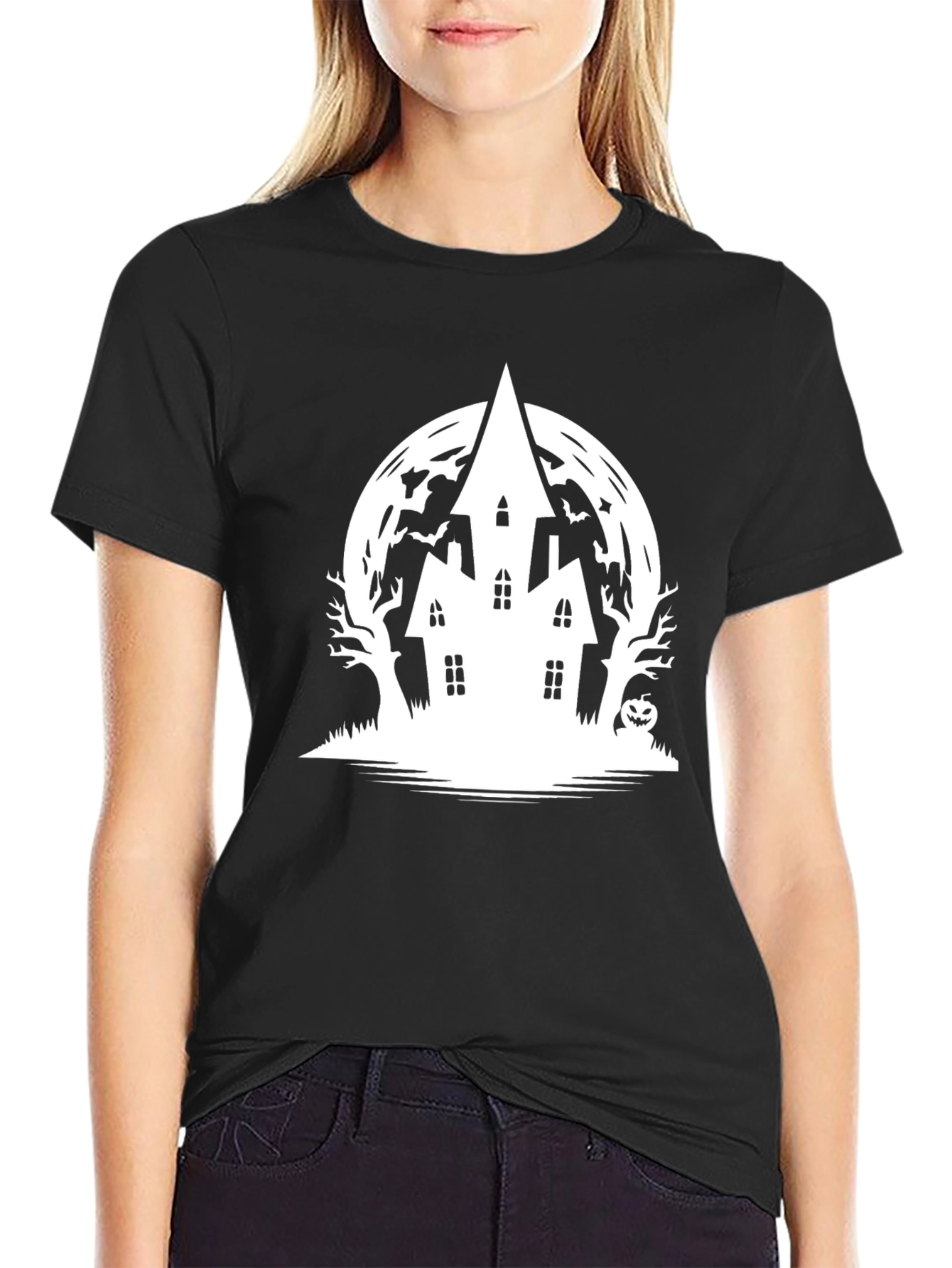 Halloween Haunted House Graphic Tee - Black
