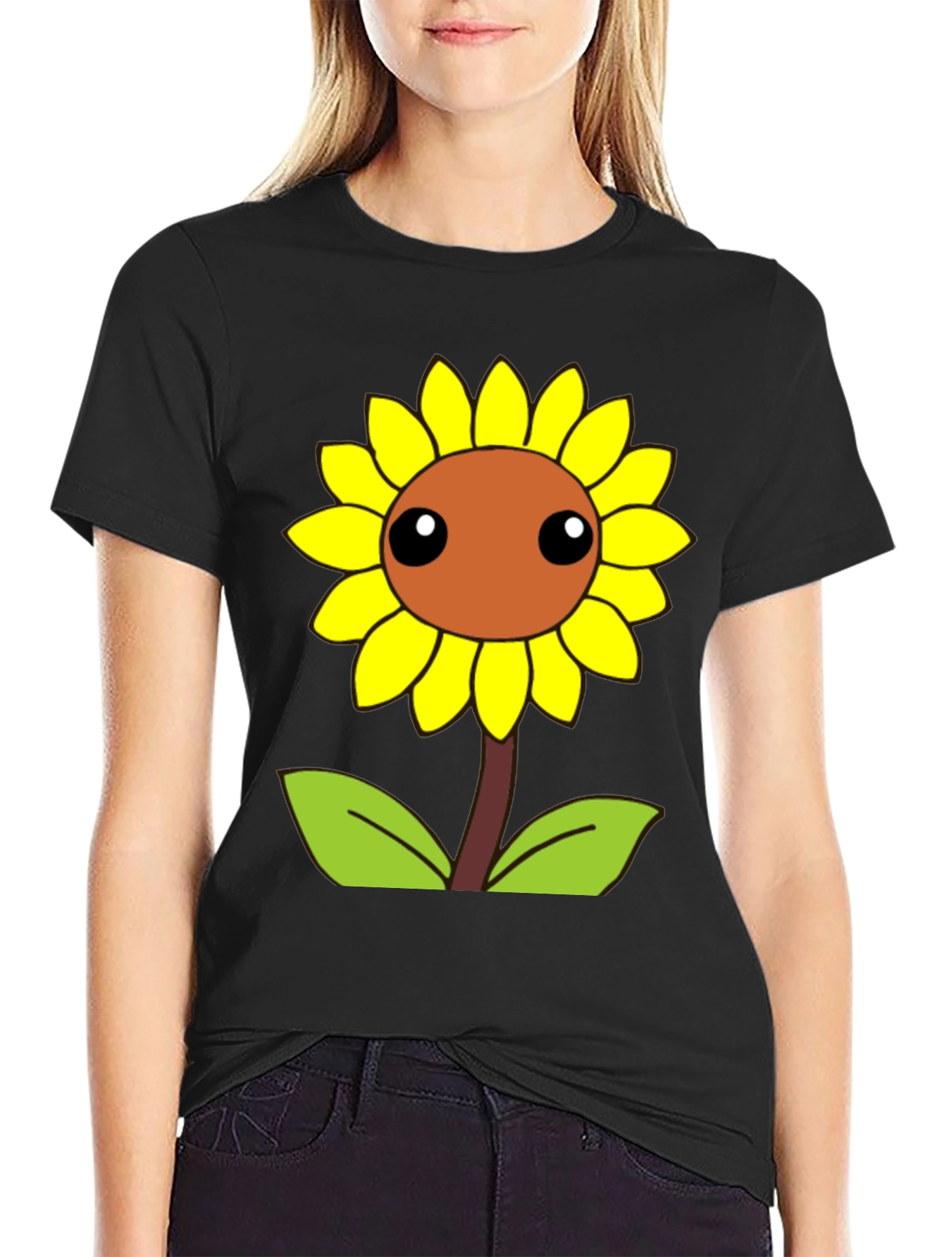 Cute Cartoon Sunflower Graphic Black T-Shirt