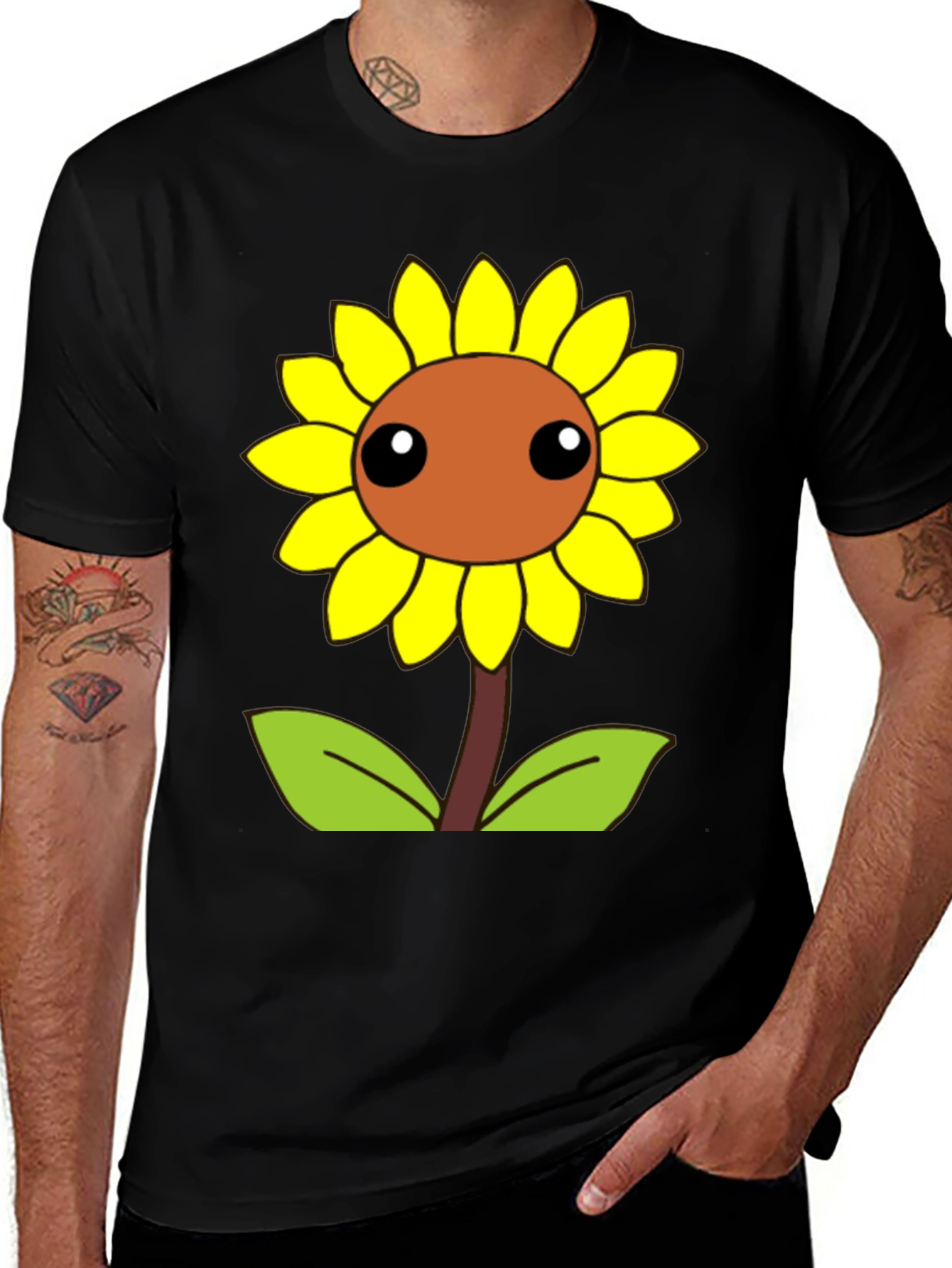 Cute Cartoon Sunflower Graphic Black T-Shirt