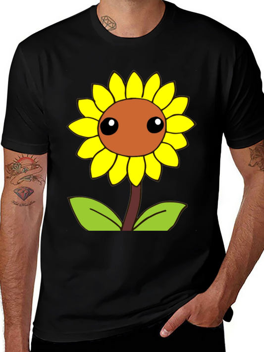 Cute Cartoon Sunflower Graphic Black T-Shirt