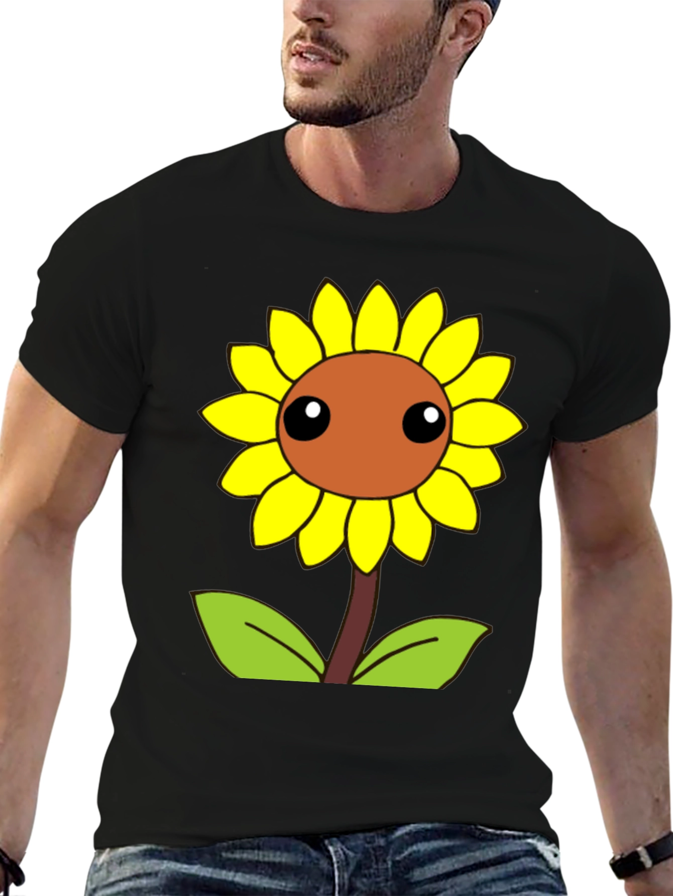 Cute Cartoon Sunflower Graphic Black T-Shirt