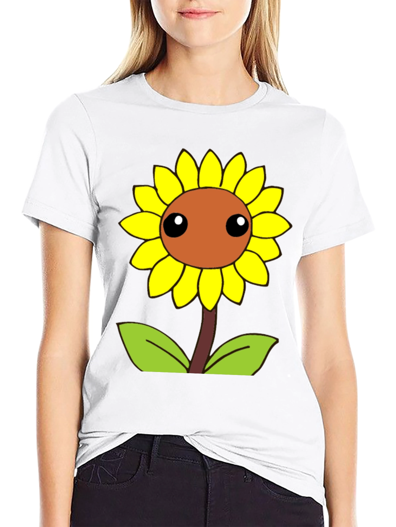Cute Cartoon Sunflower Graphic Black T-Shirt