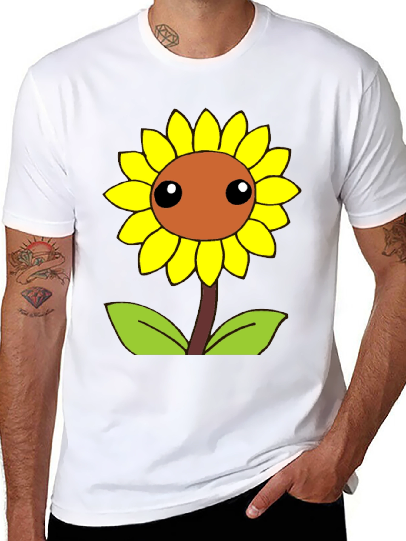Cute Cartoon Sunflower Graphic Black T-Shirt