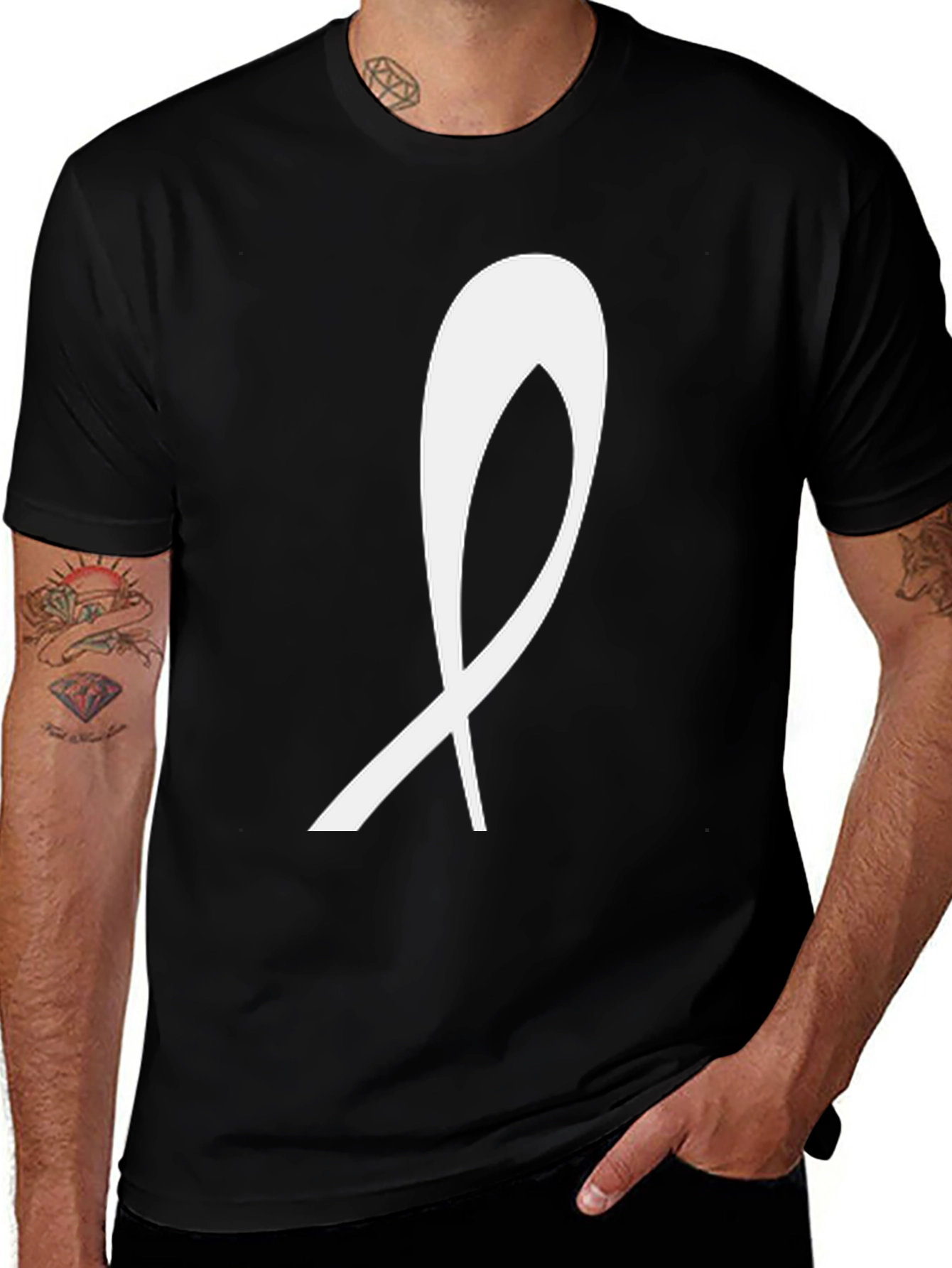 Black T-Shirt with White Ribbon Graphic