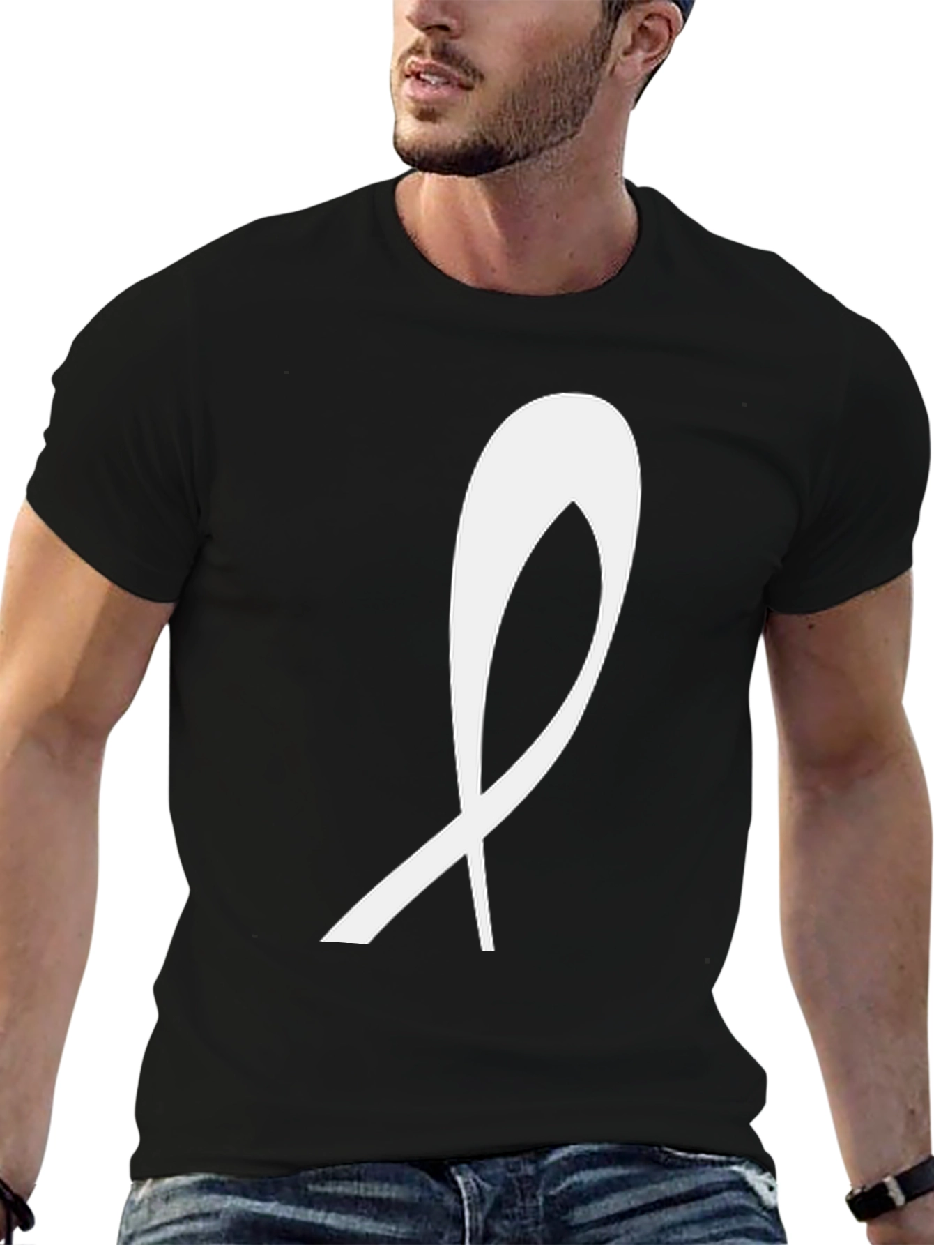 Black T-Shirt with White Ribbon Graphic