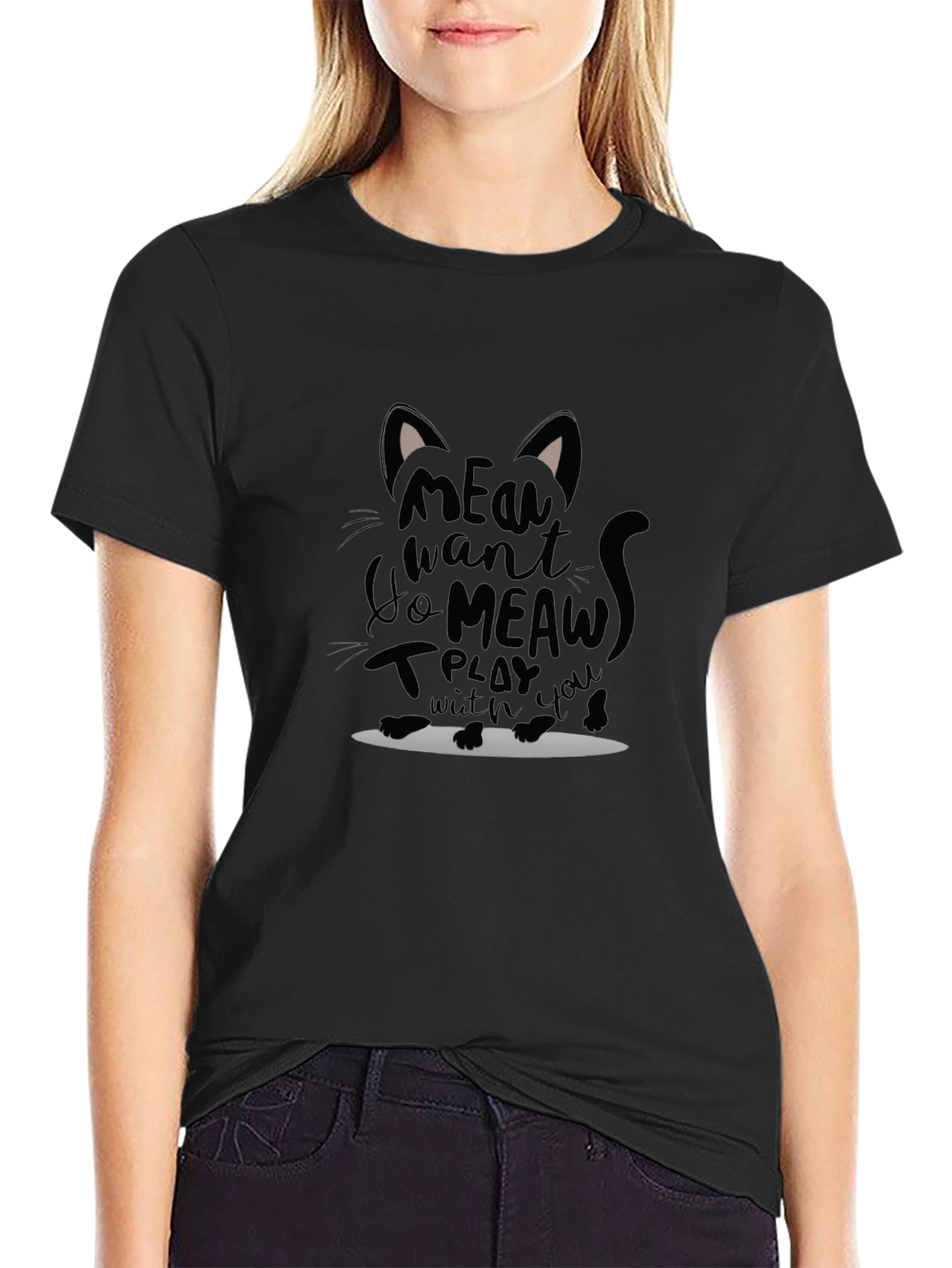 Meow Cat Graphic T-Shirt - Unisex Black Tee