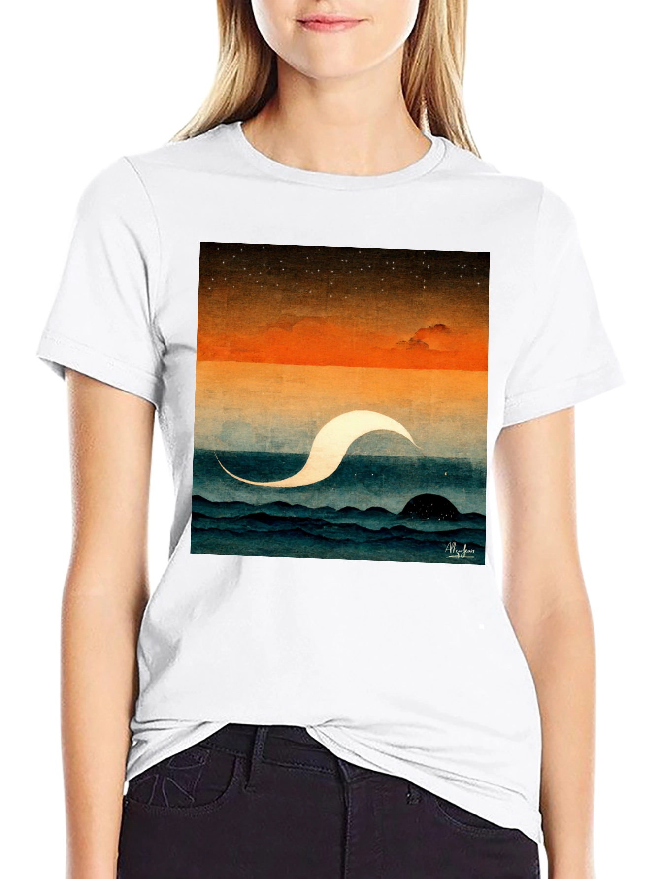 Abstract Ocean Wave Graphic Tee - Premium Black Cotton