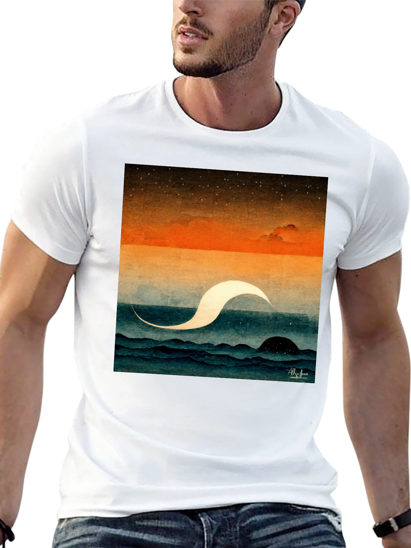 Abstract Ocean Wave Graphic Tee - Premium Black Cotton