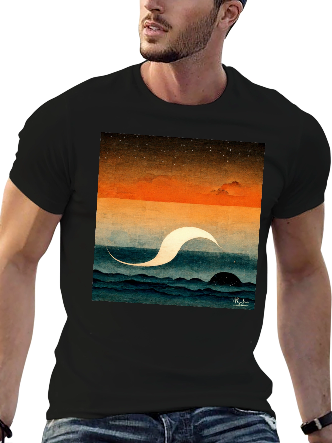 Abstract Ocean Wave Graphic Tee - Premium Black Cotton