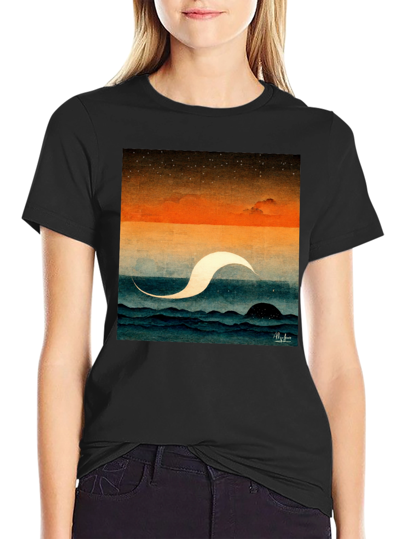 Abstract Ocean Wave Graphic Tee - Premium Black Cotton