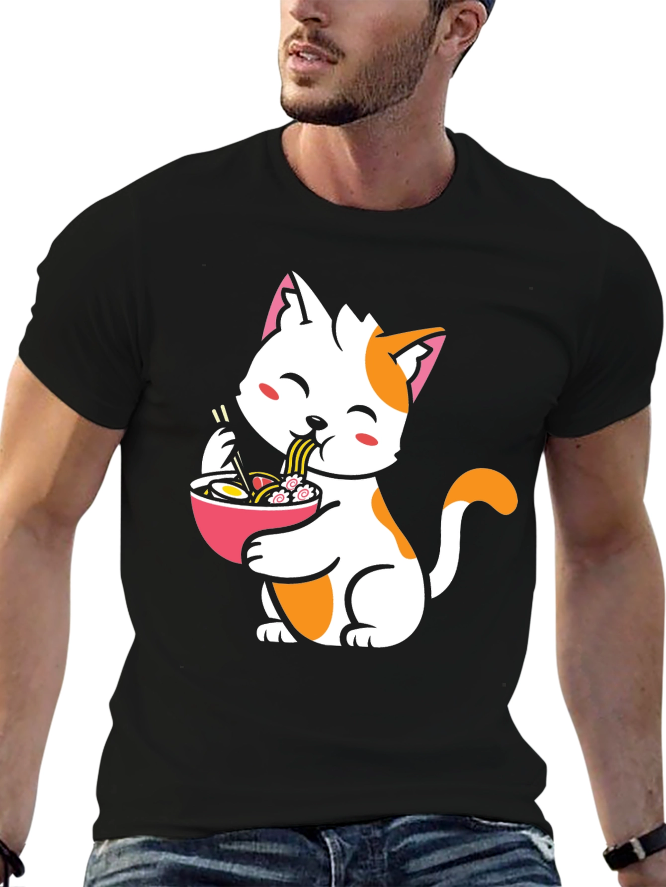 Cute Cat Eating Ramen Graphic Tee - Black