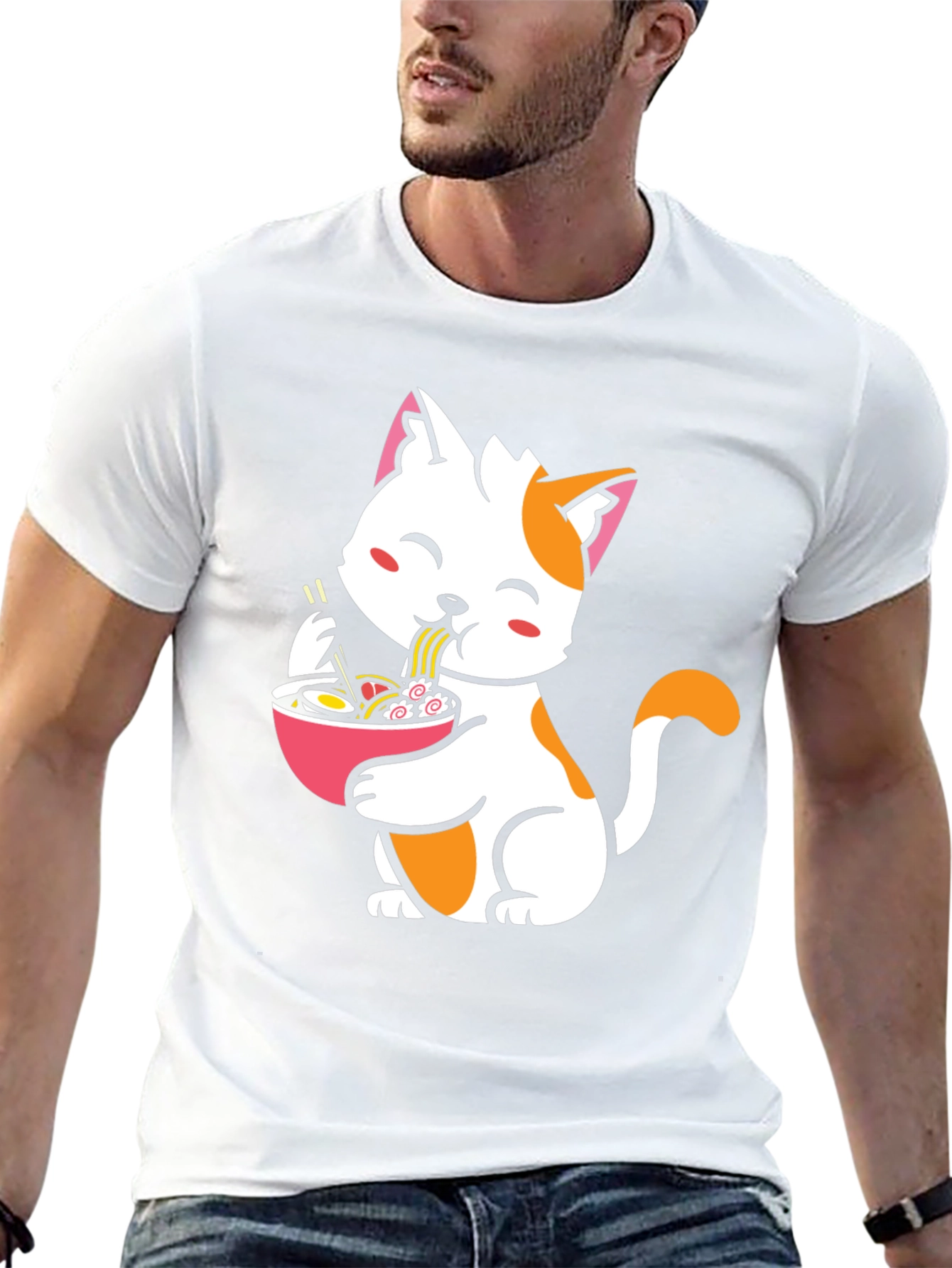 Cute Cat Eating Ramen Graphic Tee - Black