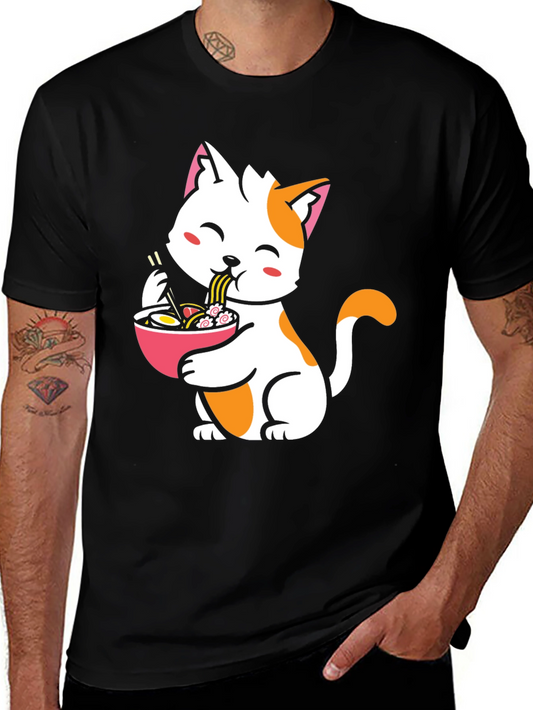 Cute Cat Eating Ramen Graphic Tee - Black