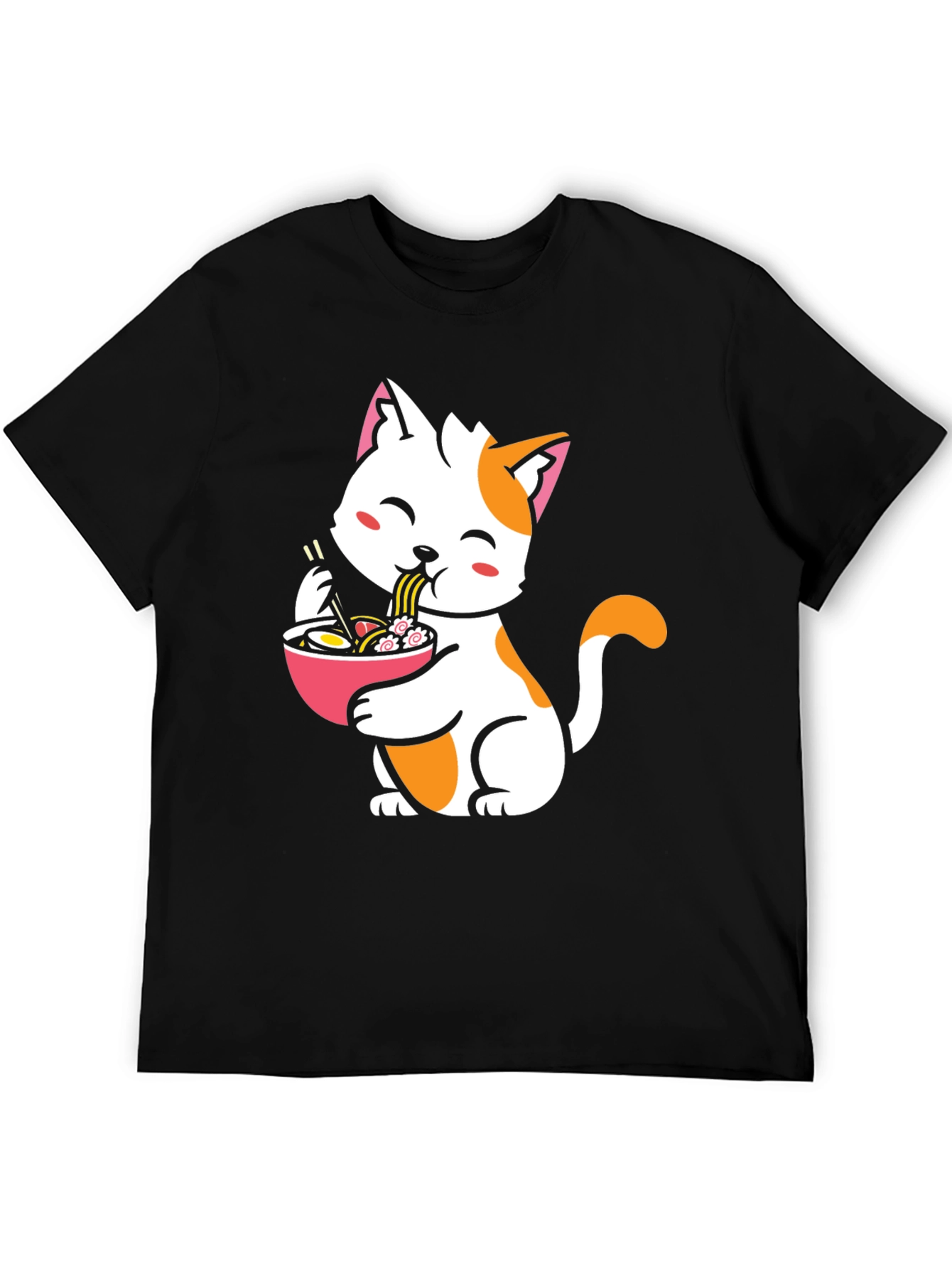Cute Cat Eating Ramen Graphic Tee - Black