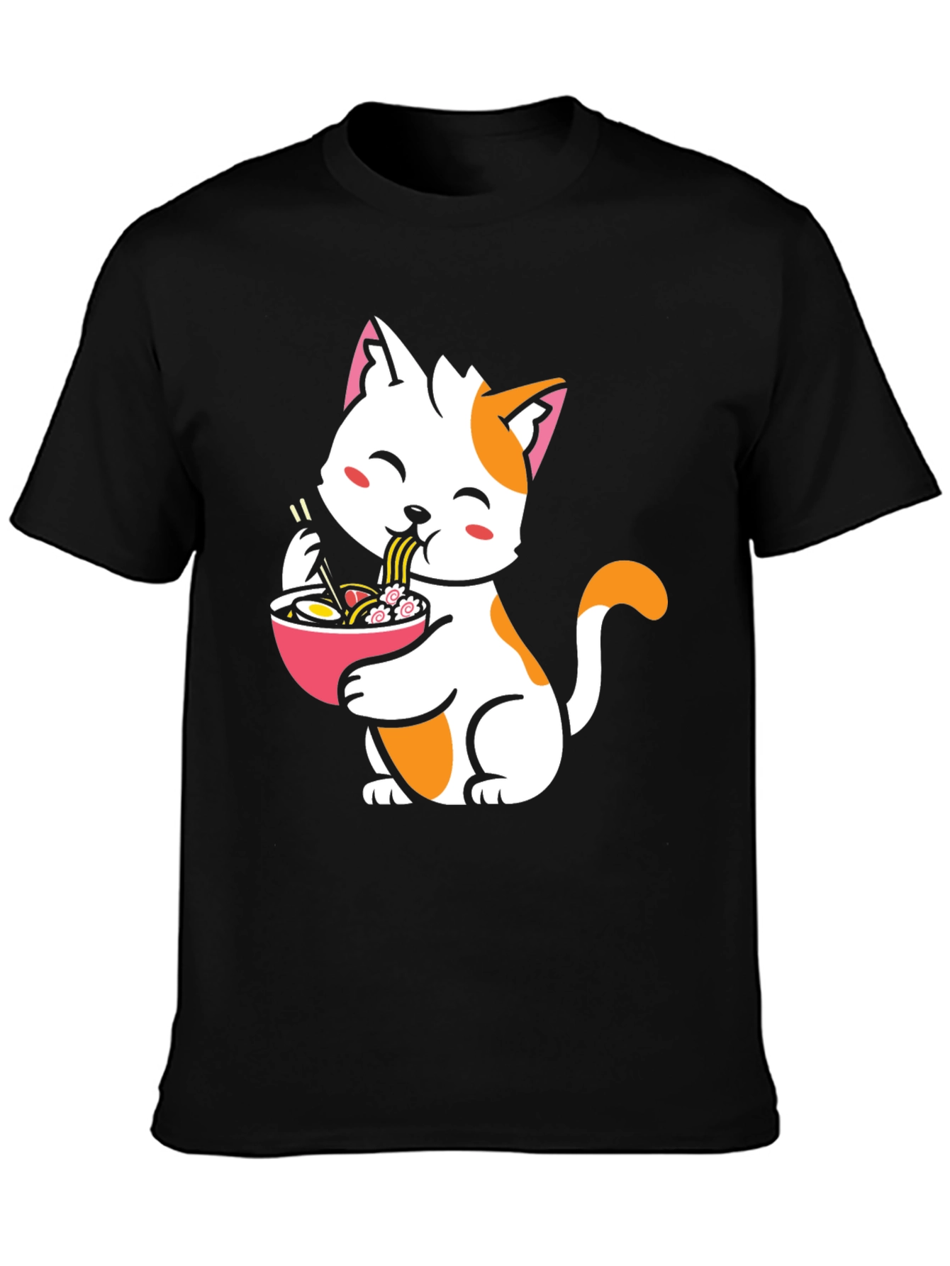 Cute Cat Eating Ramen Graphic Tee - Black