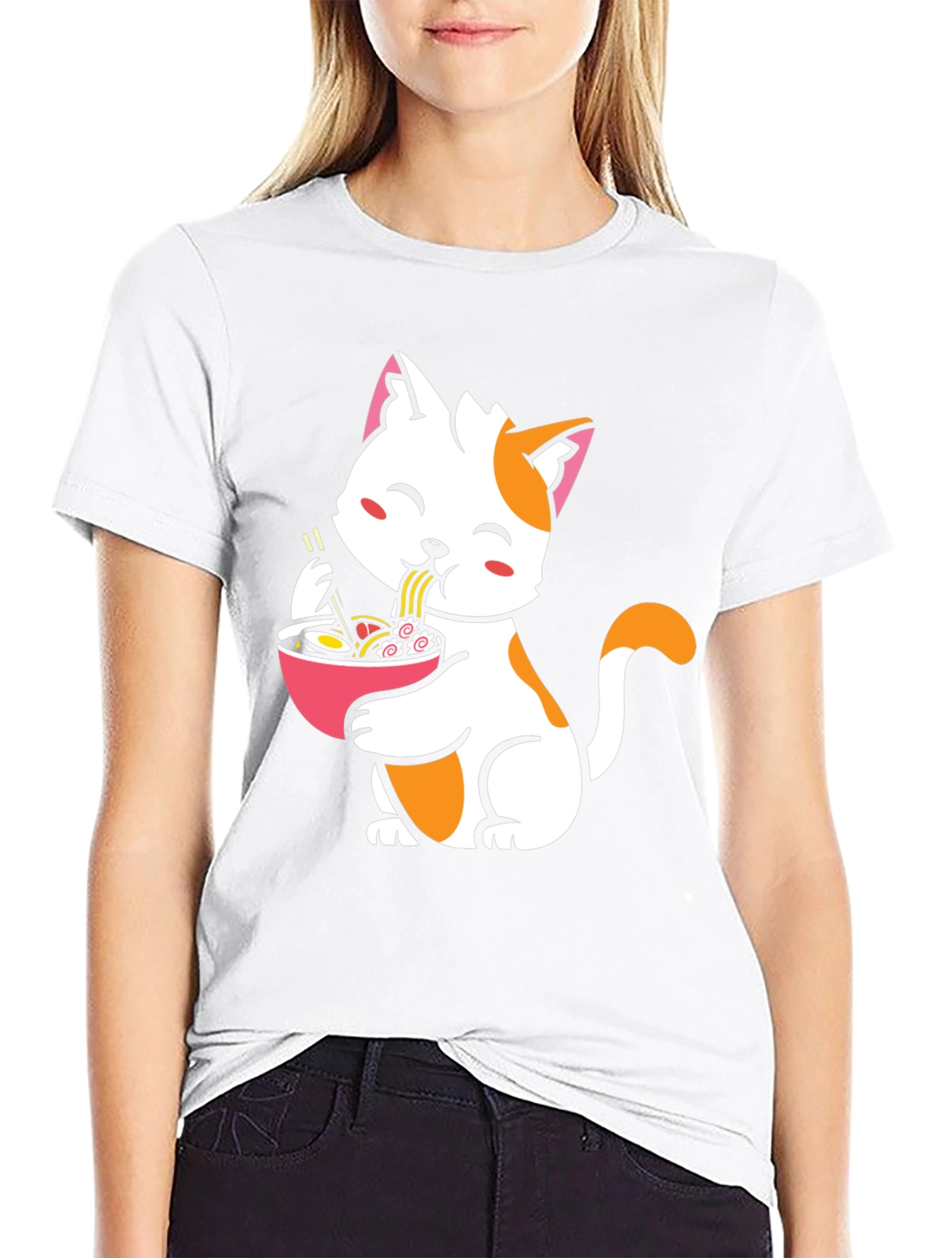 Cute Cat Eating Ramen Graphic Tee - Black