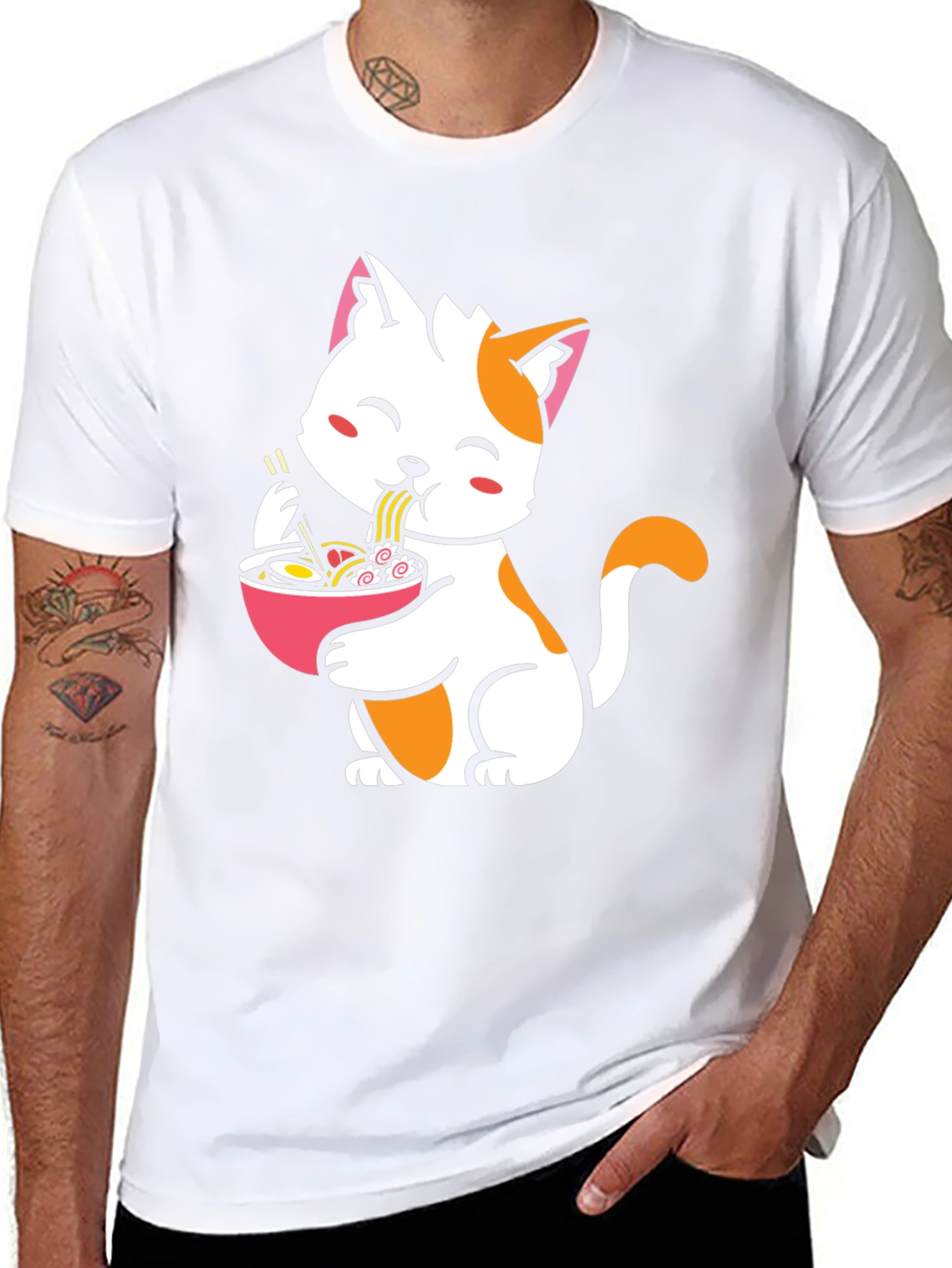 Cute Cat Eating Ramen Graphic Tee - Black