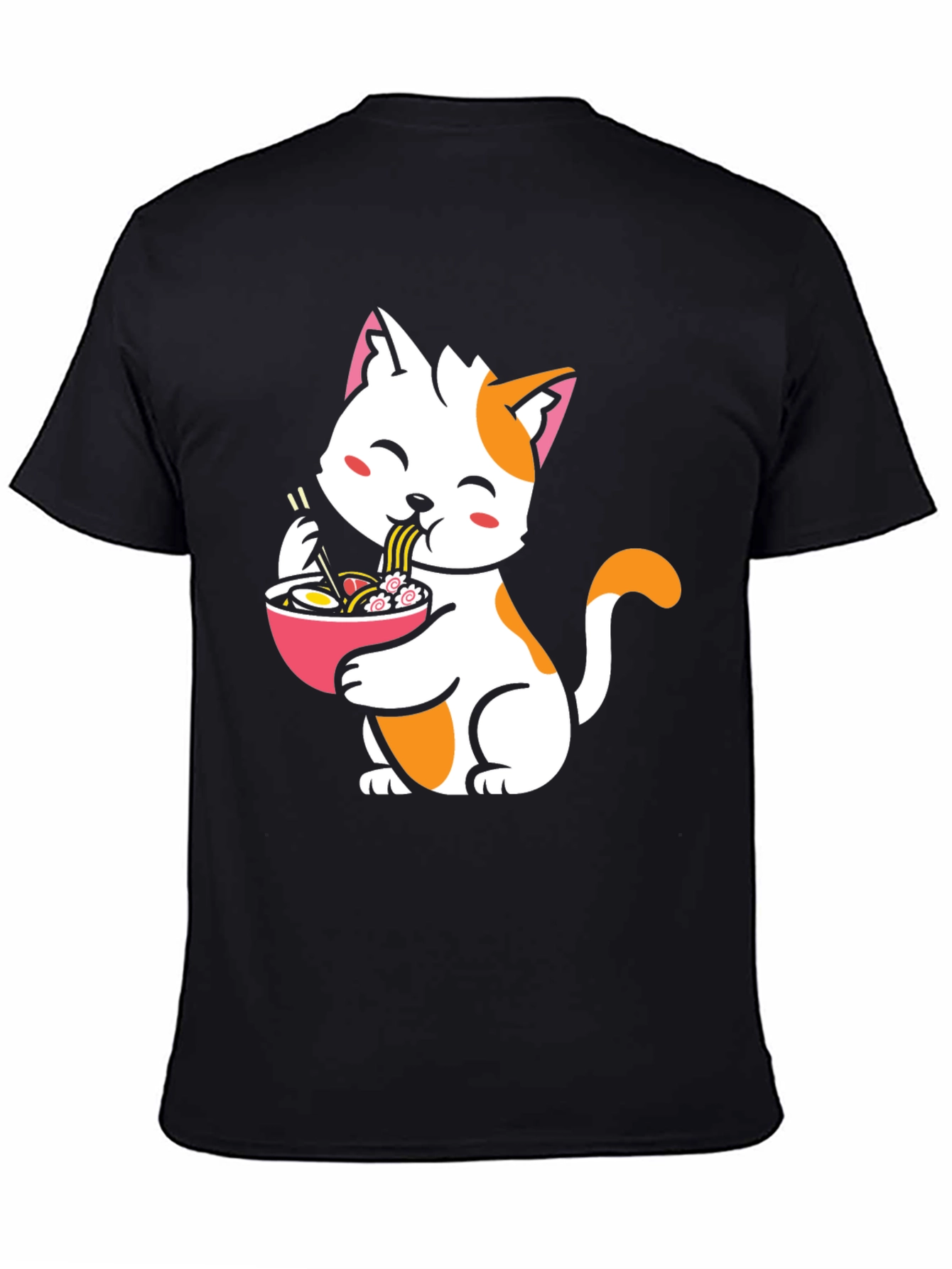 Cute Cat Eating Ramen Graphic Tee - Black