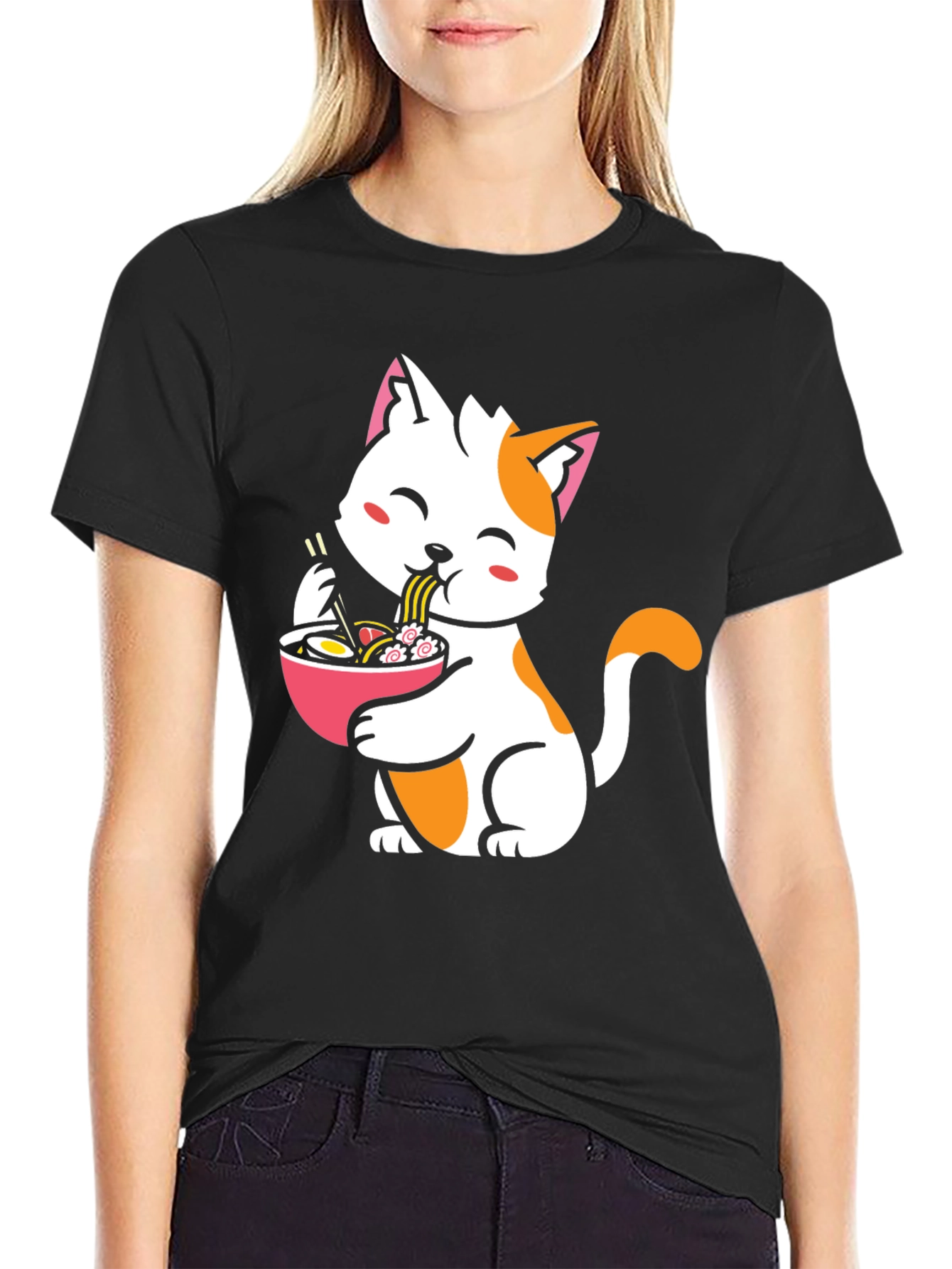 Cute Cat Eating Ramen Graphic Tee - Black