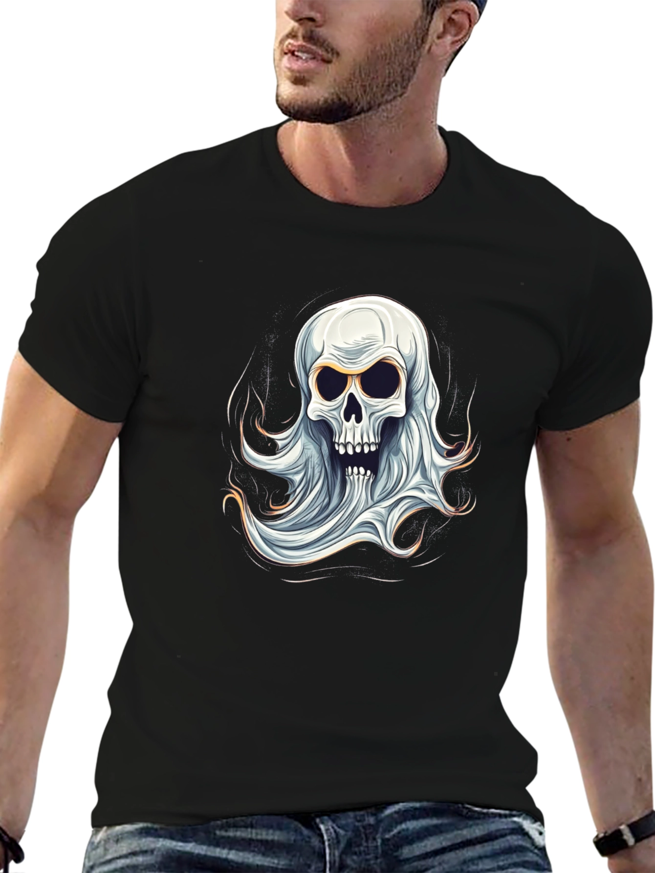 Ghostly Skull Graphic Tee - Spooky Halloween Shirt