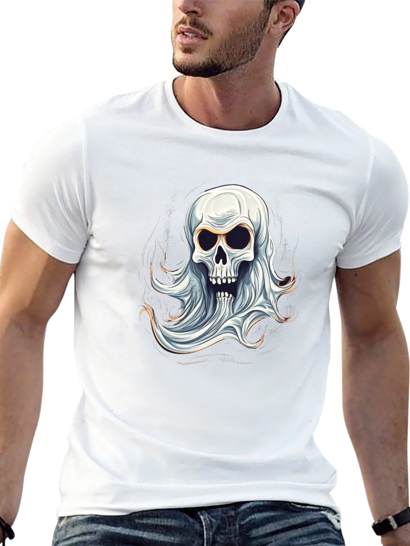Ghostly Skull Graphic Tee - Spooky Halloween Shirt
