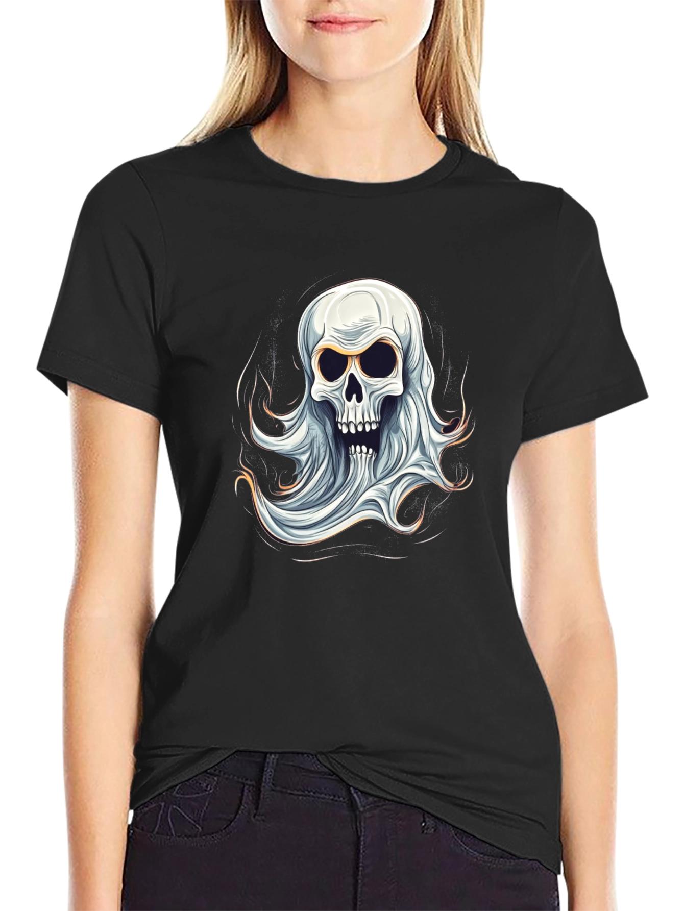 Ghostly Skull Graphic Tee - Spooky Halloween Shirt