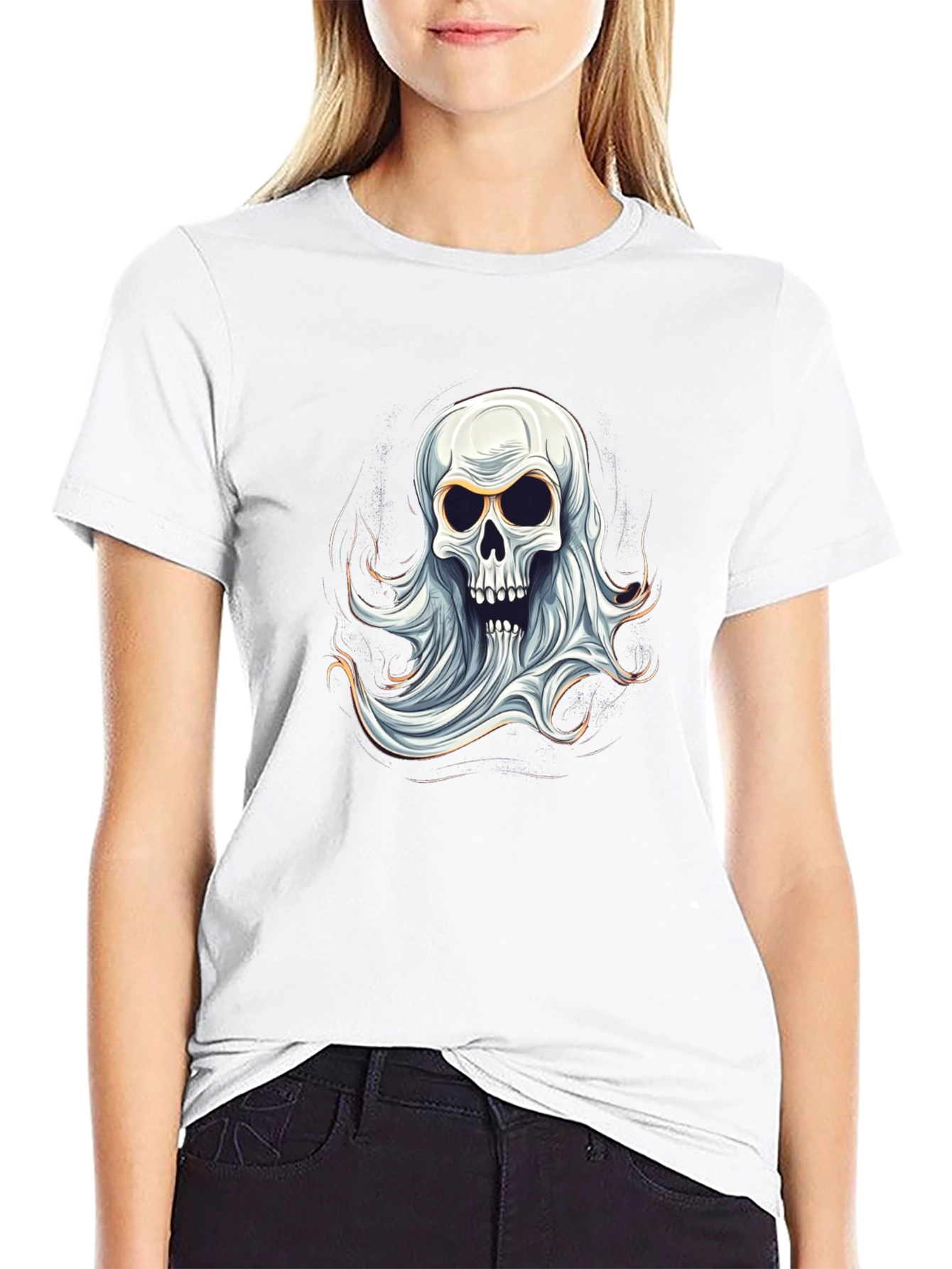 Ghostly Skull Graphic Tee - Spooky Halloween Shirt
