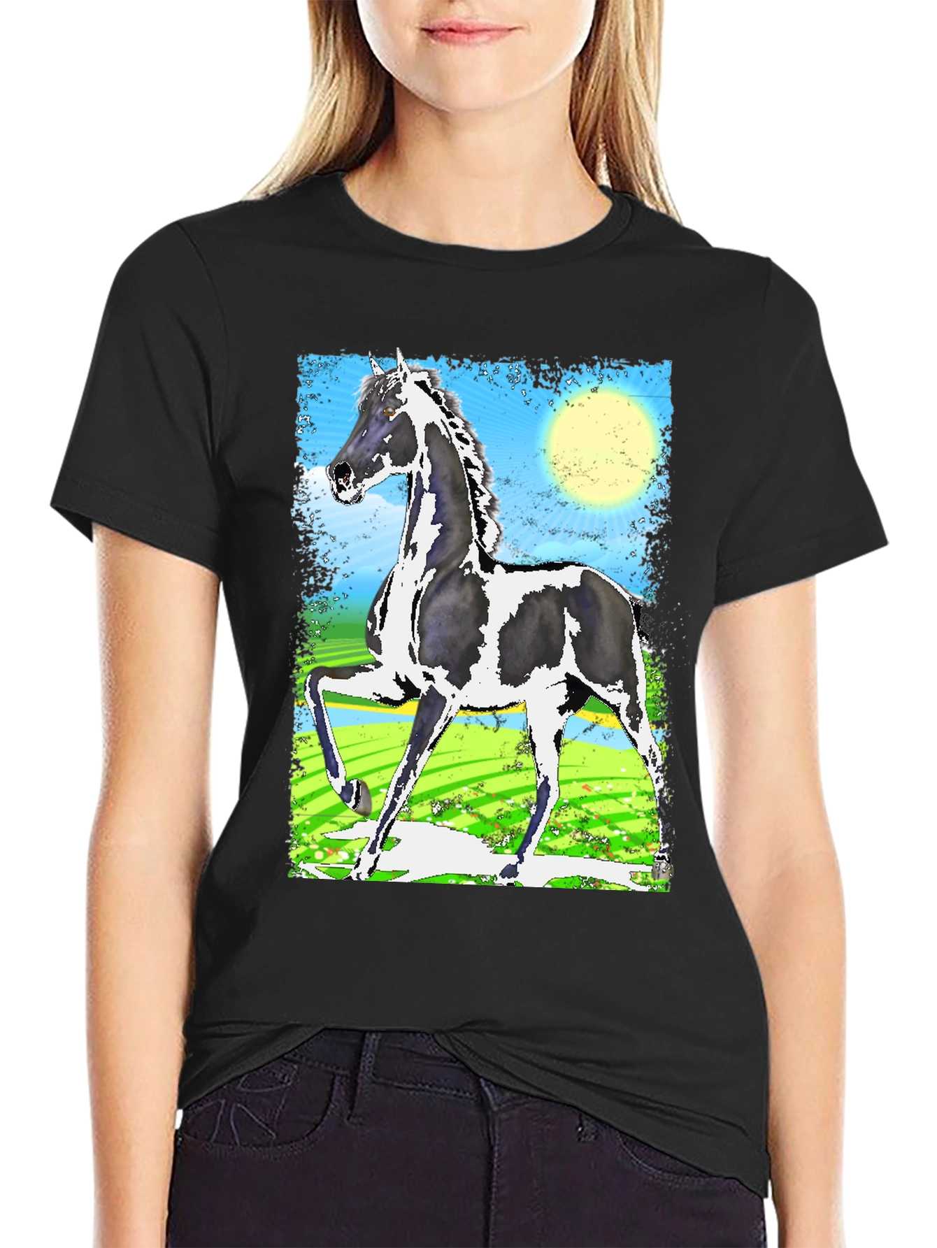 Black Graphic Tee - Horse Art Print