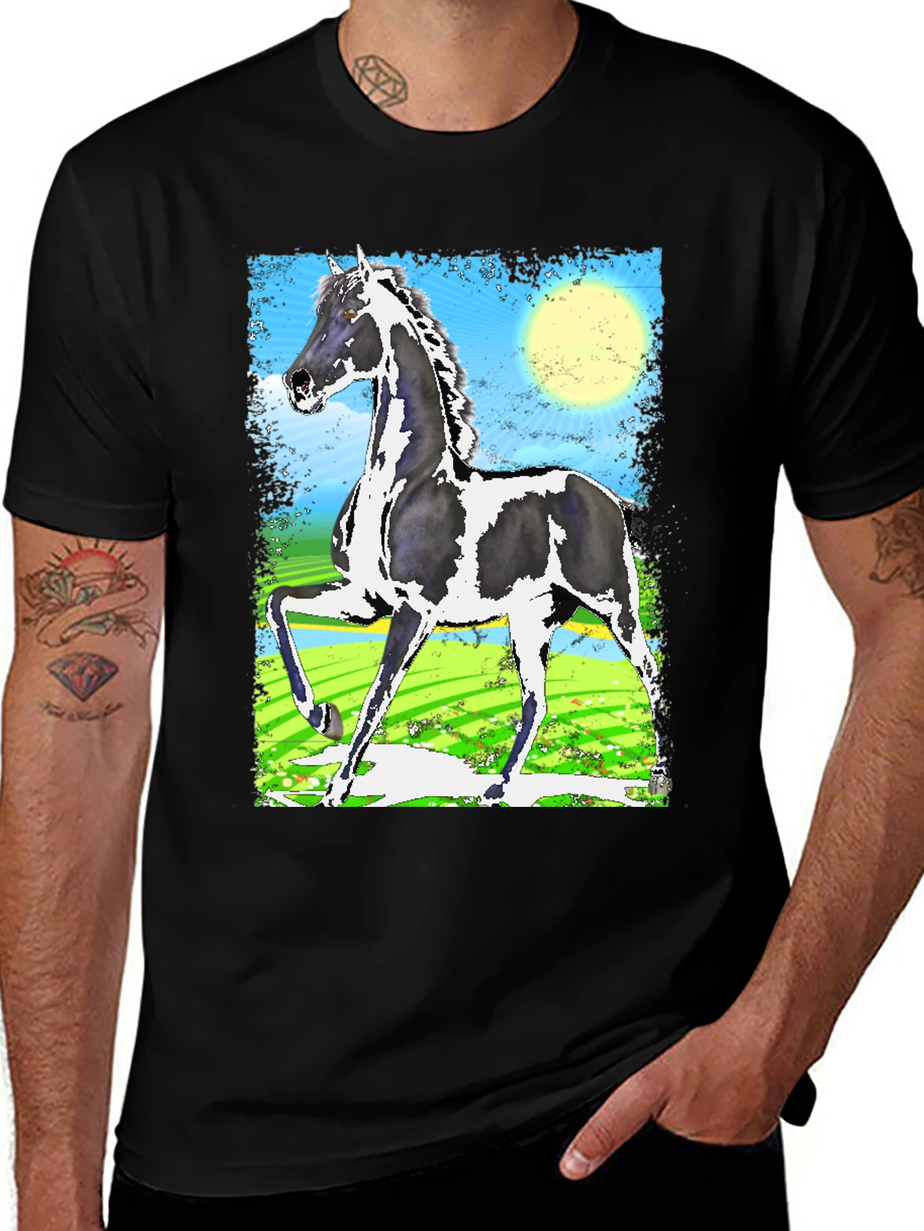 Black Graphic Tee - Horse Art Print