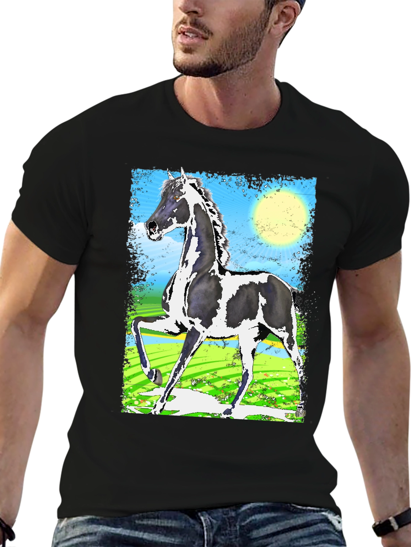 Black Graphic Tee - Horse Art Print
