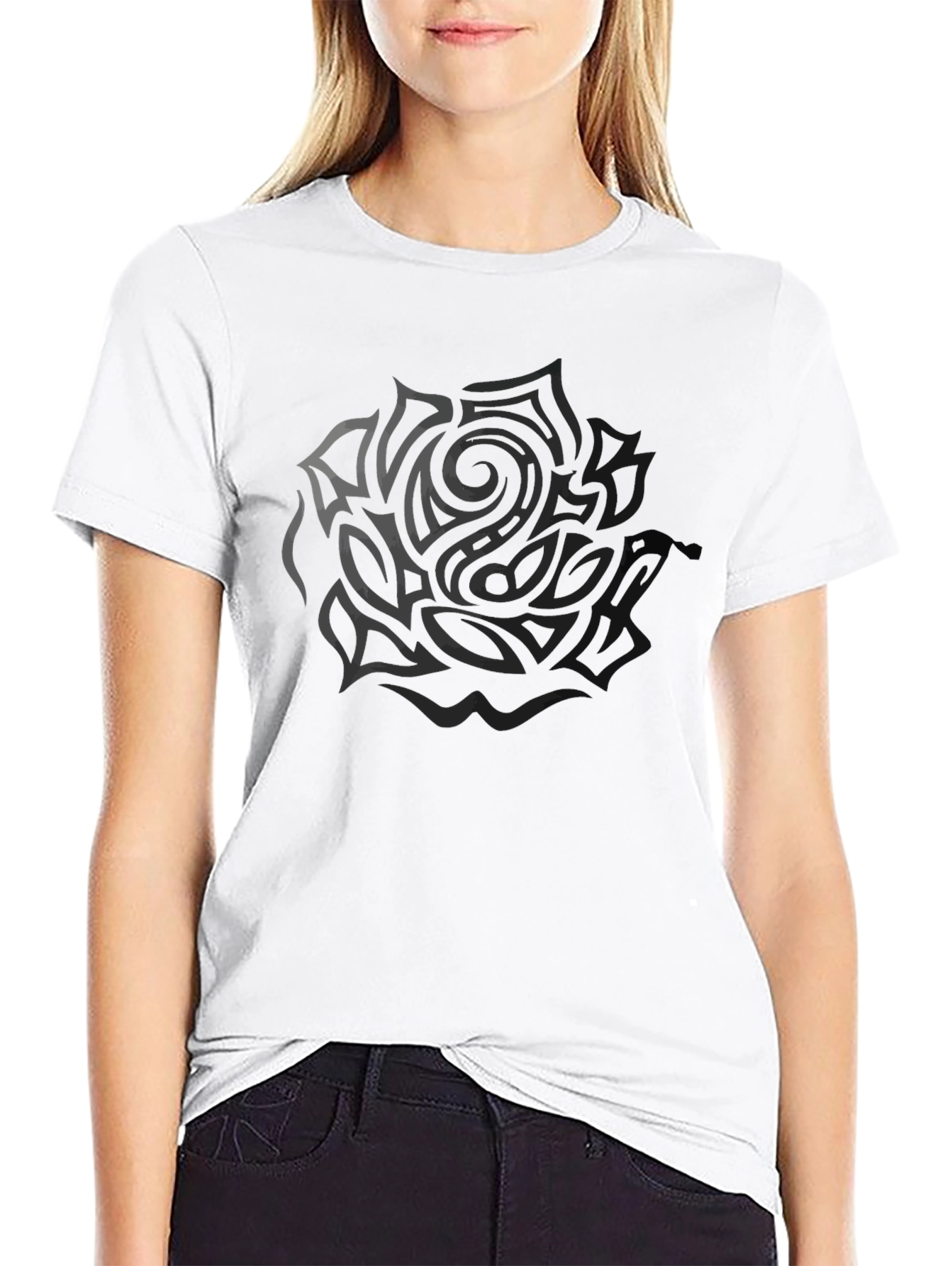 Black T-Shirt with Rose Tattoo Design