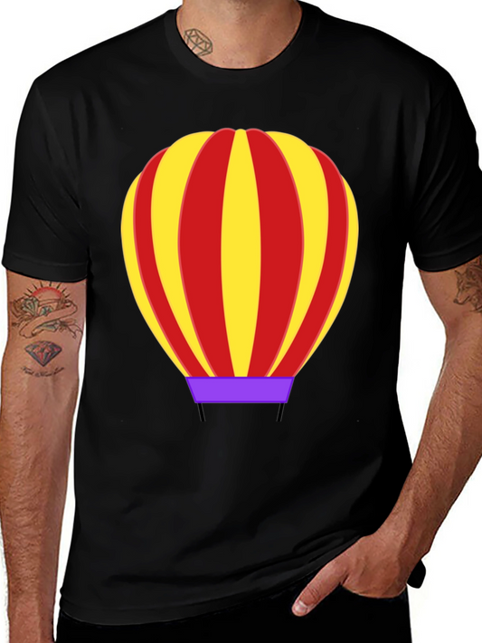 Hot Air Balloon Graphic Tee - Black Cotton Casual Shirt